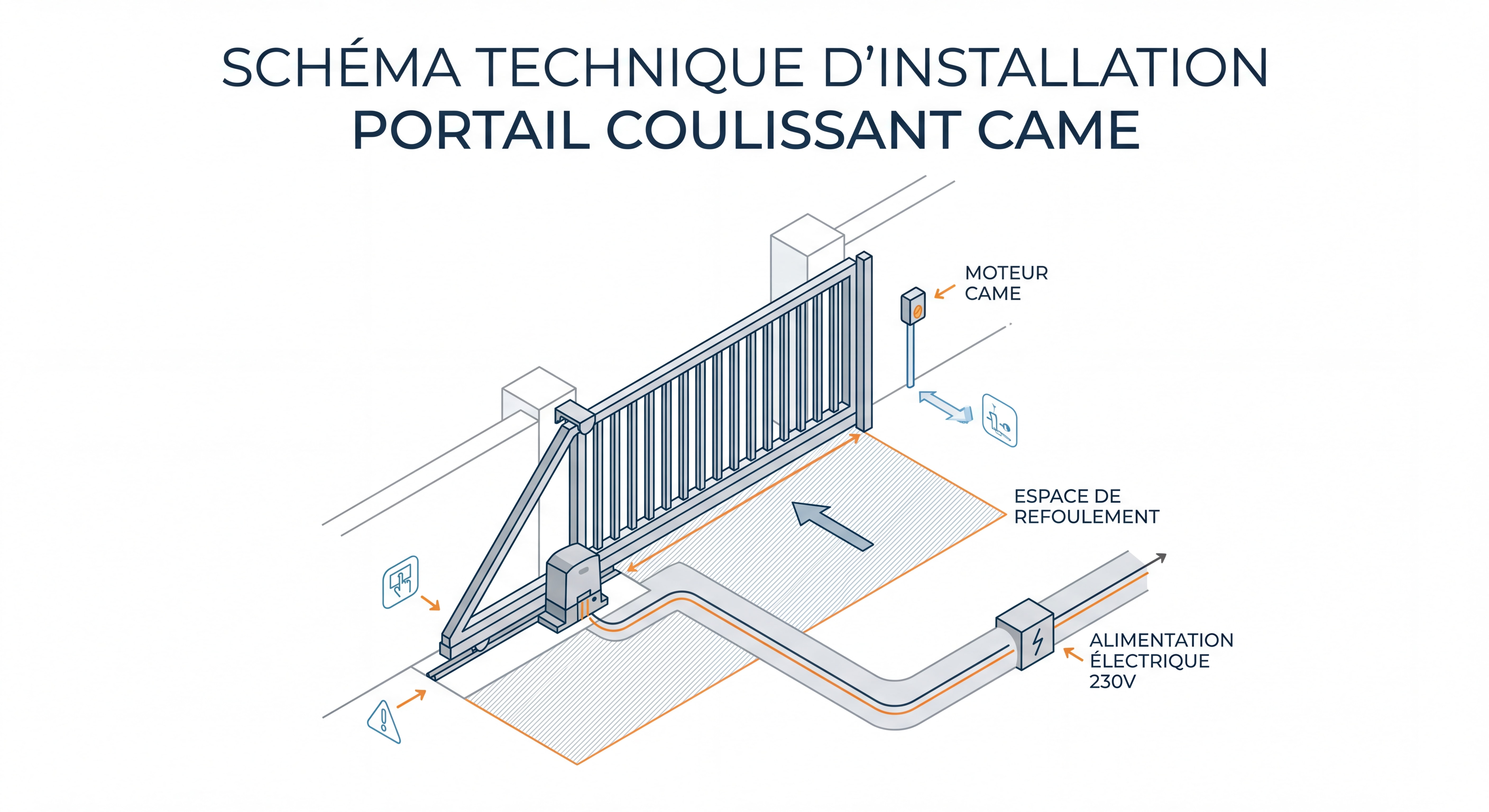 Motorisation Portail CAME à Marseille : Le Guide Pratique Complet pour Réussir Votre Projet Schéma technique d'installation portail coulissant CAME avec espace de refoulement et alimentation électrique