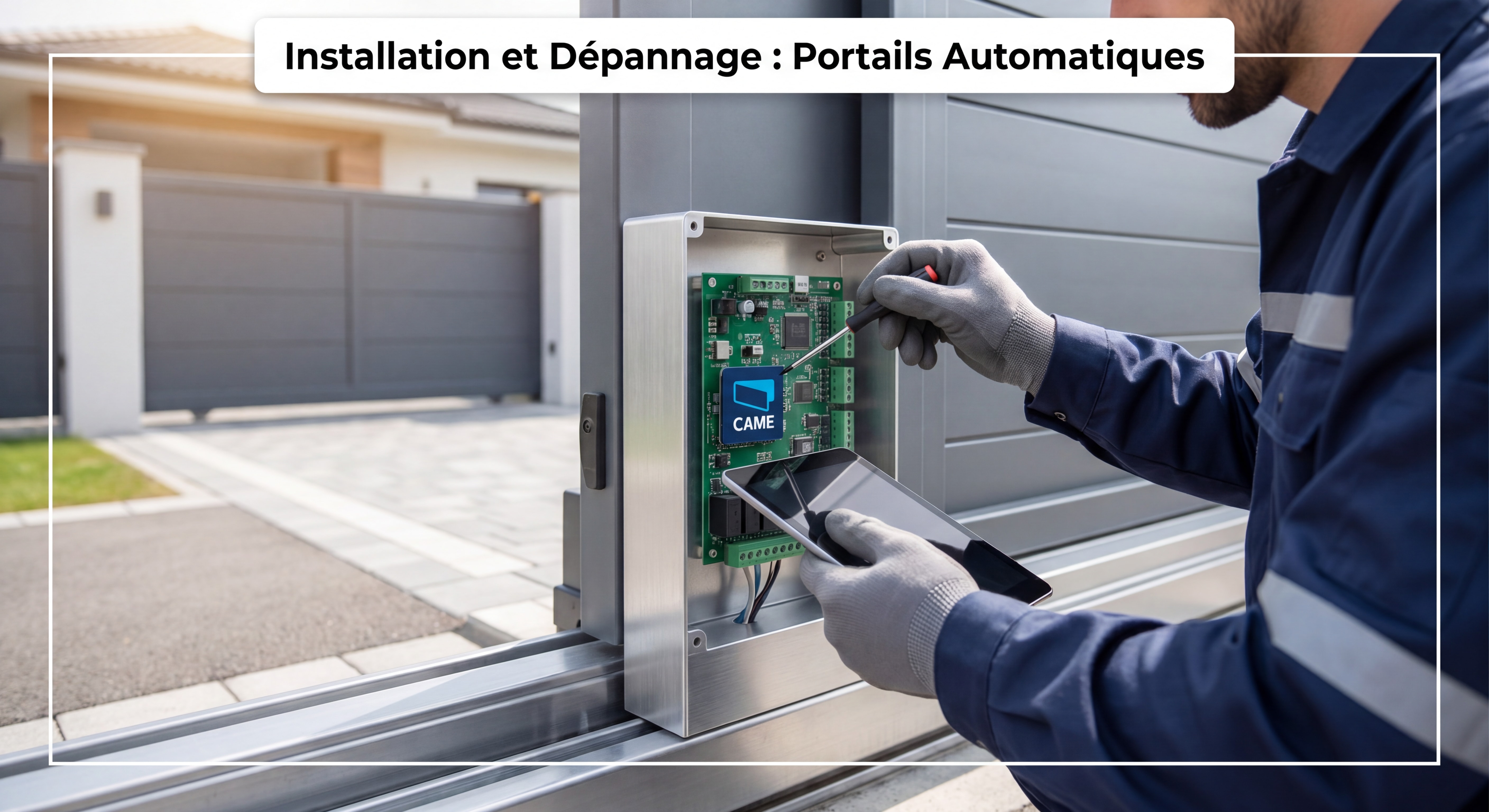 Motorisation Portail CAME à Marseille : Le Guide Pratique Complet pour Réussir Votre Projet Technicien réglant les paramètres d'une carte électronique CAME sur portail coulissant aluminium, vue rapprochée