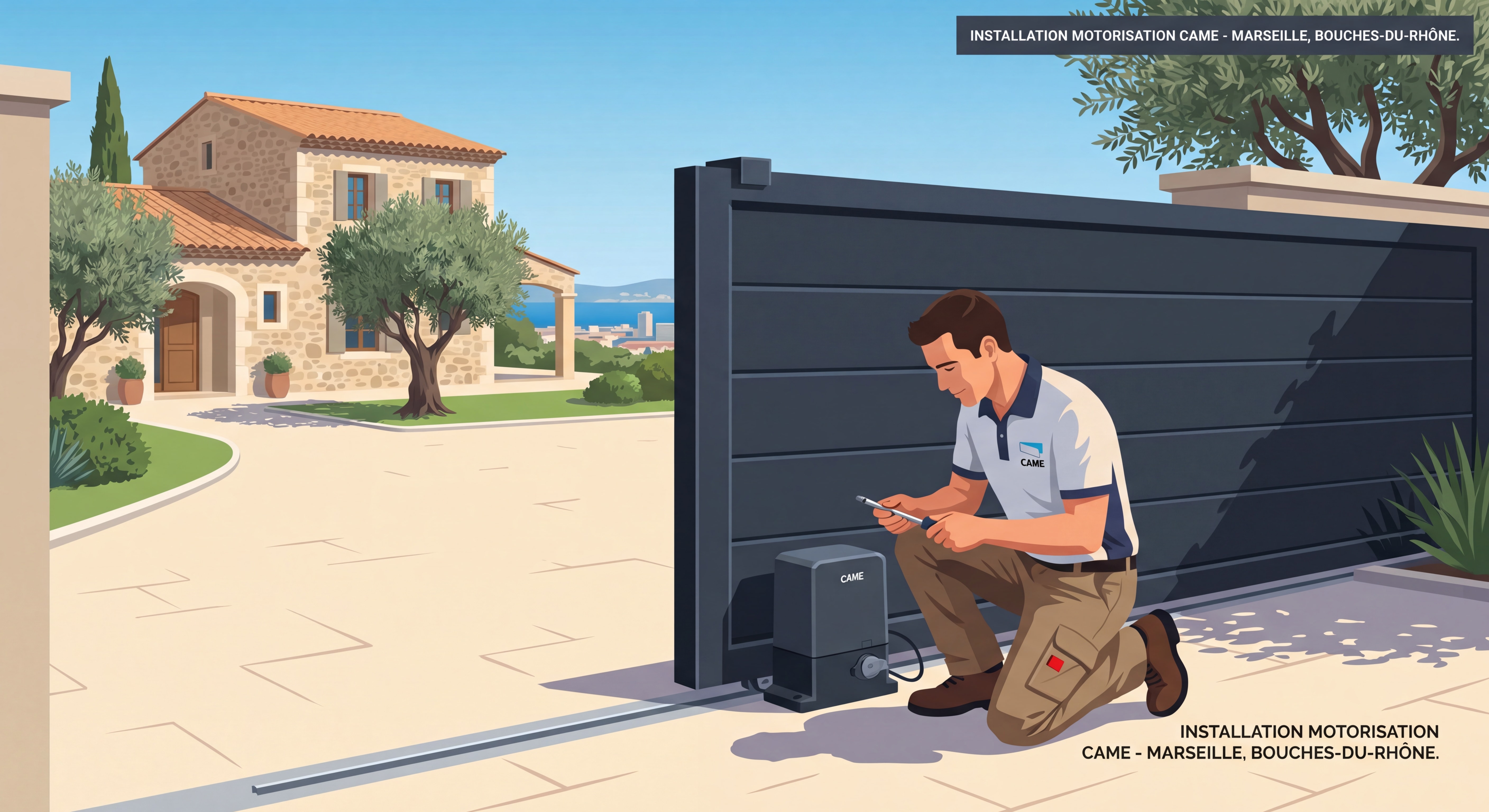 Motorisation Portail CAME à Marseille : Le Guide Pratique Complet pour Réussir Votre Projet Technicien professionnel installant une motorisation CAME sur un portail coulissant aluminium à Marseille, Bouches-du-Rhône
