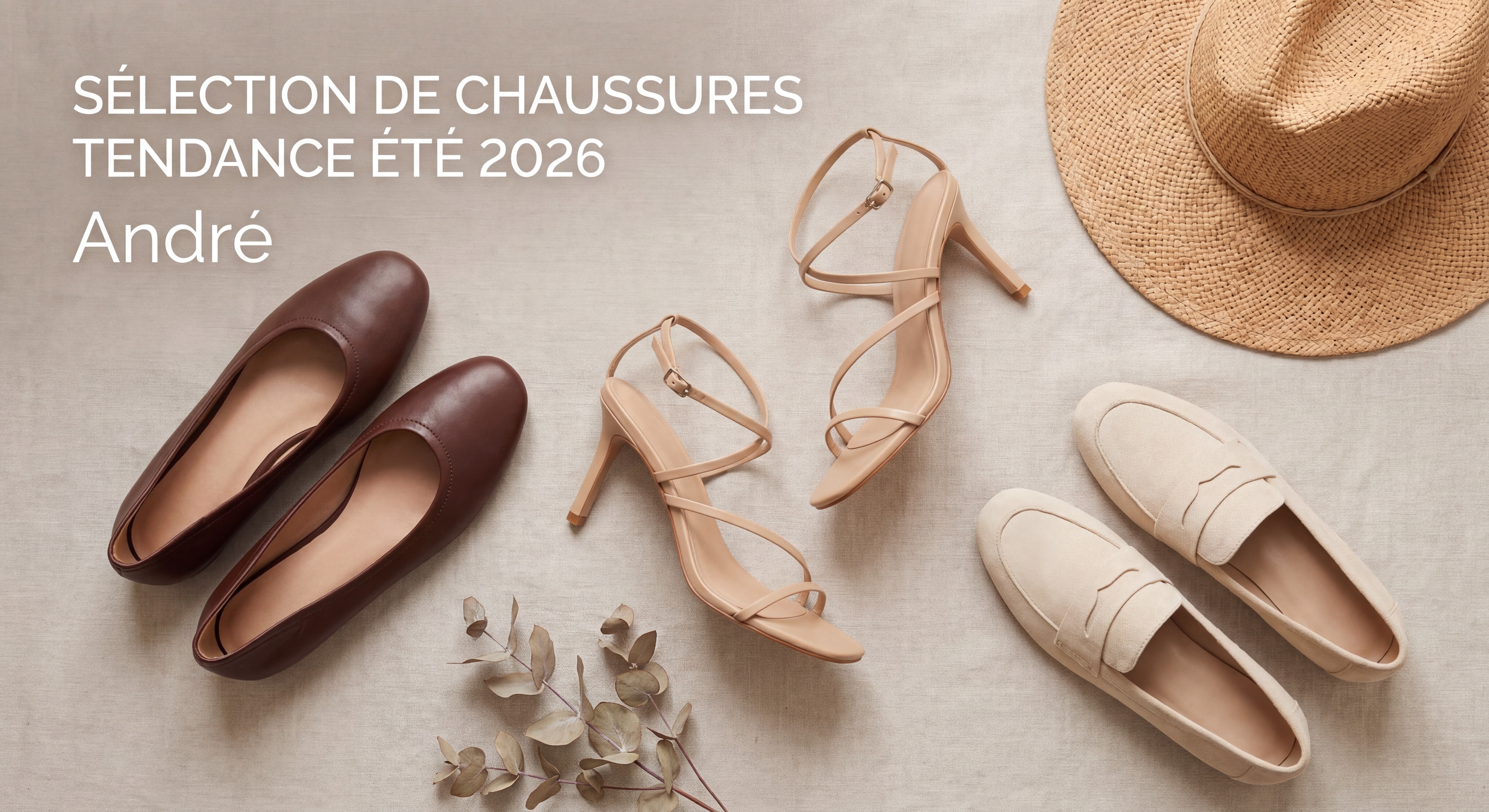 Sélection de chaussures tendance été 2026 — ballerines chocolat, sandales minimalistes et mocassins posés sur fond clair, style lookbook mode André