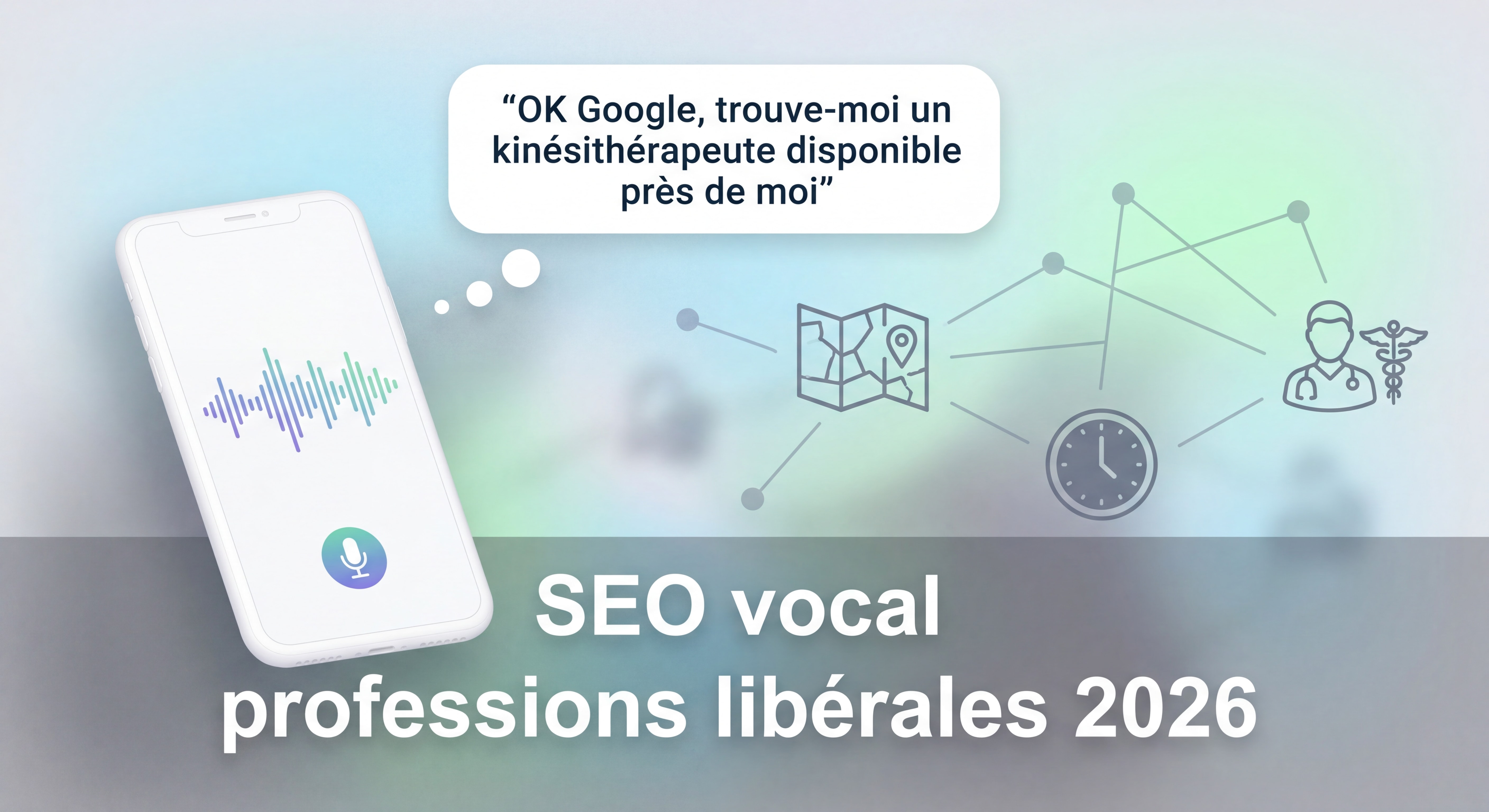 Illustration d'une recherche vocale locale sur smartphone — "OK Google, trouve-moi un kinésithérapeute disponible près de moi" — SEO vocal professions libérales 2026