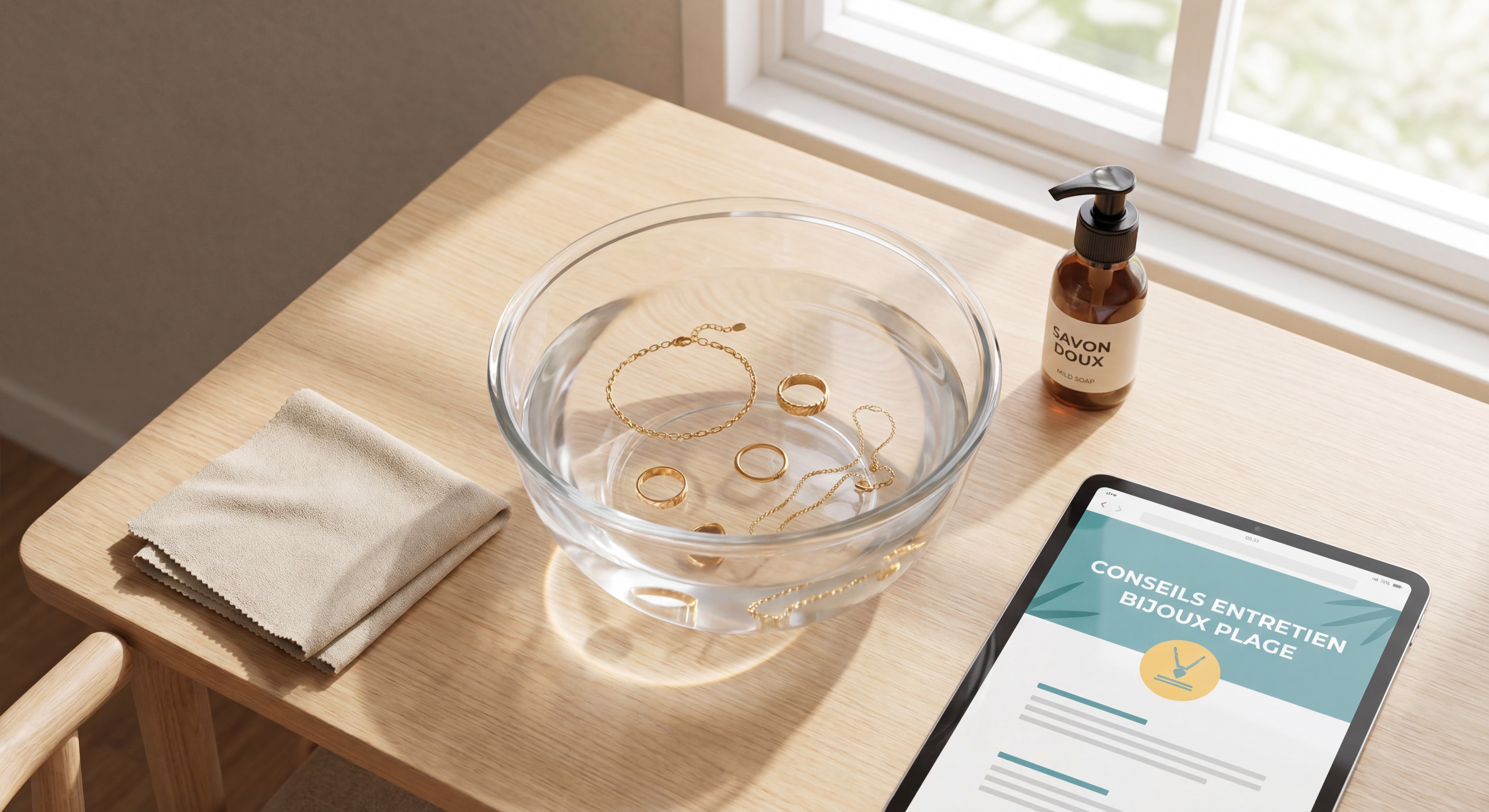 Bijoux waterproof en acier inoxydable doré rincés à l'eau claire dans un bol, avec un chiffon doux et du savon doux à côté — conseils entretien bijoux plage
