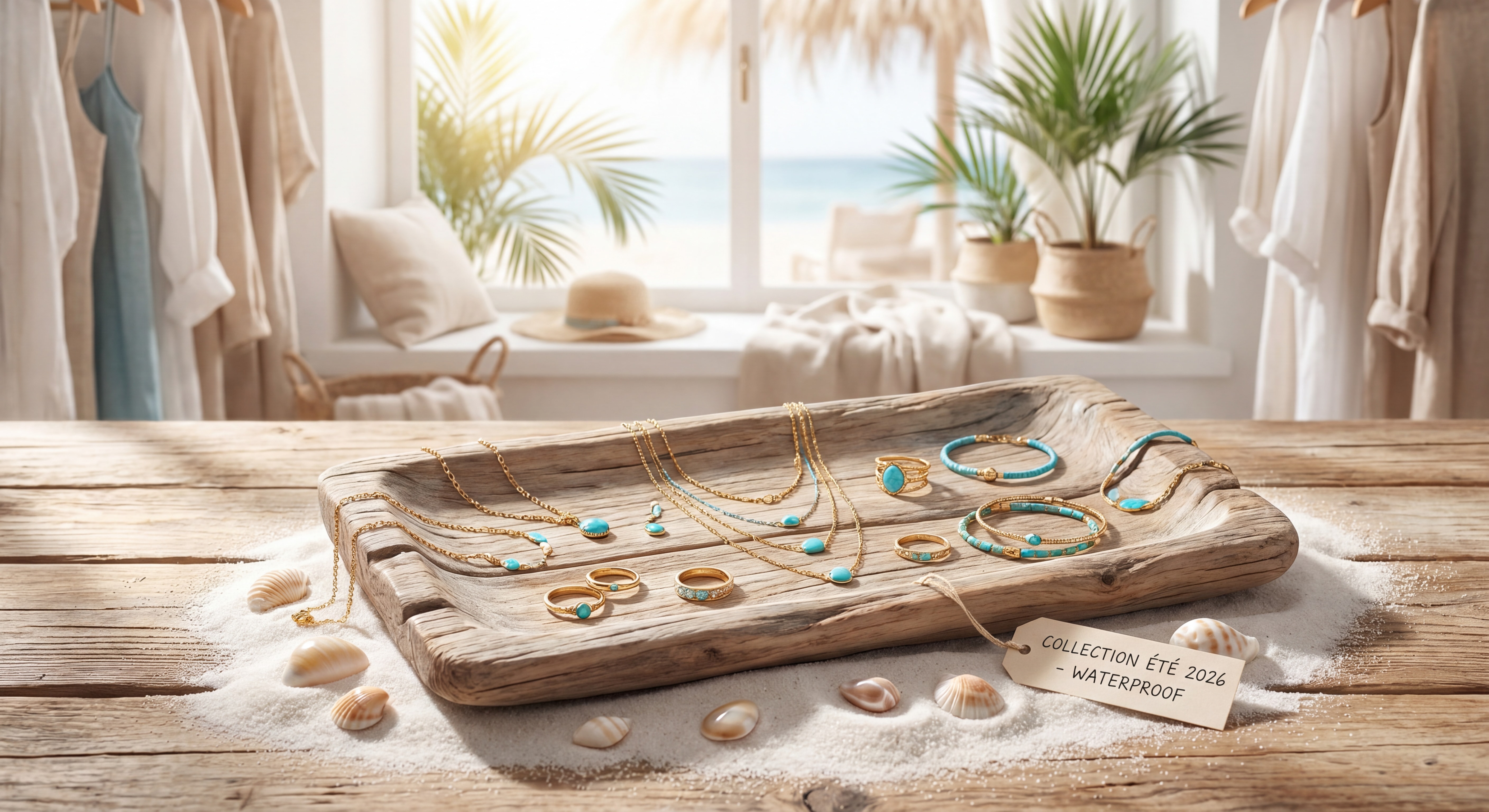 Collection de bijoux waterproof été 2026 présentée sur un plateau en bois flotté avec des coquillages et du sable — ambiance boutique lifestyle balnéaire
