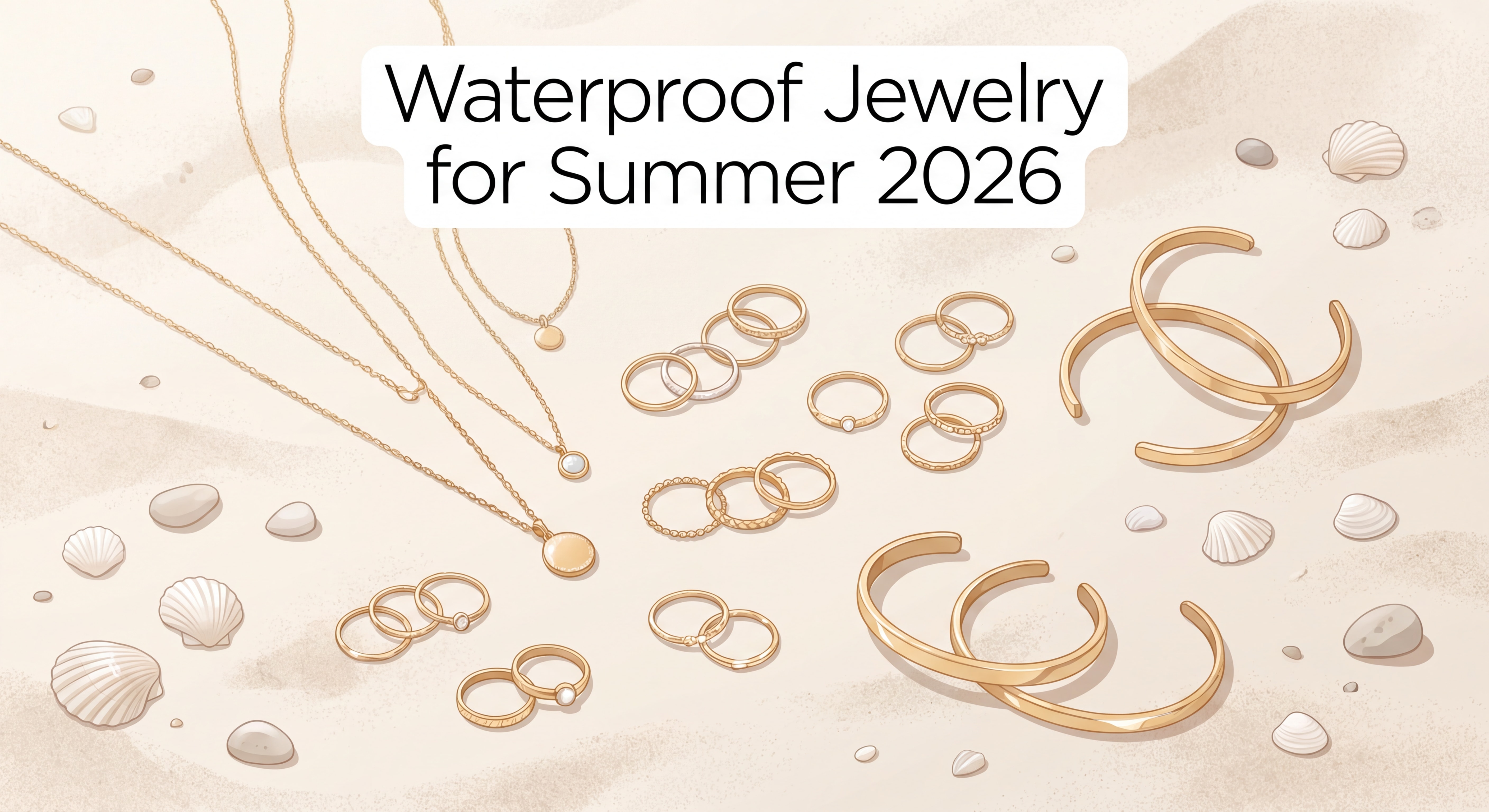 Flat lay de bijoux waterproof dorés sur fond de sable blanc et coquillages — bracelets, colliers fins et bagues empilables pour l'été 2026