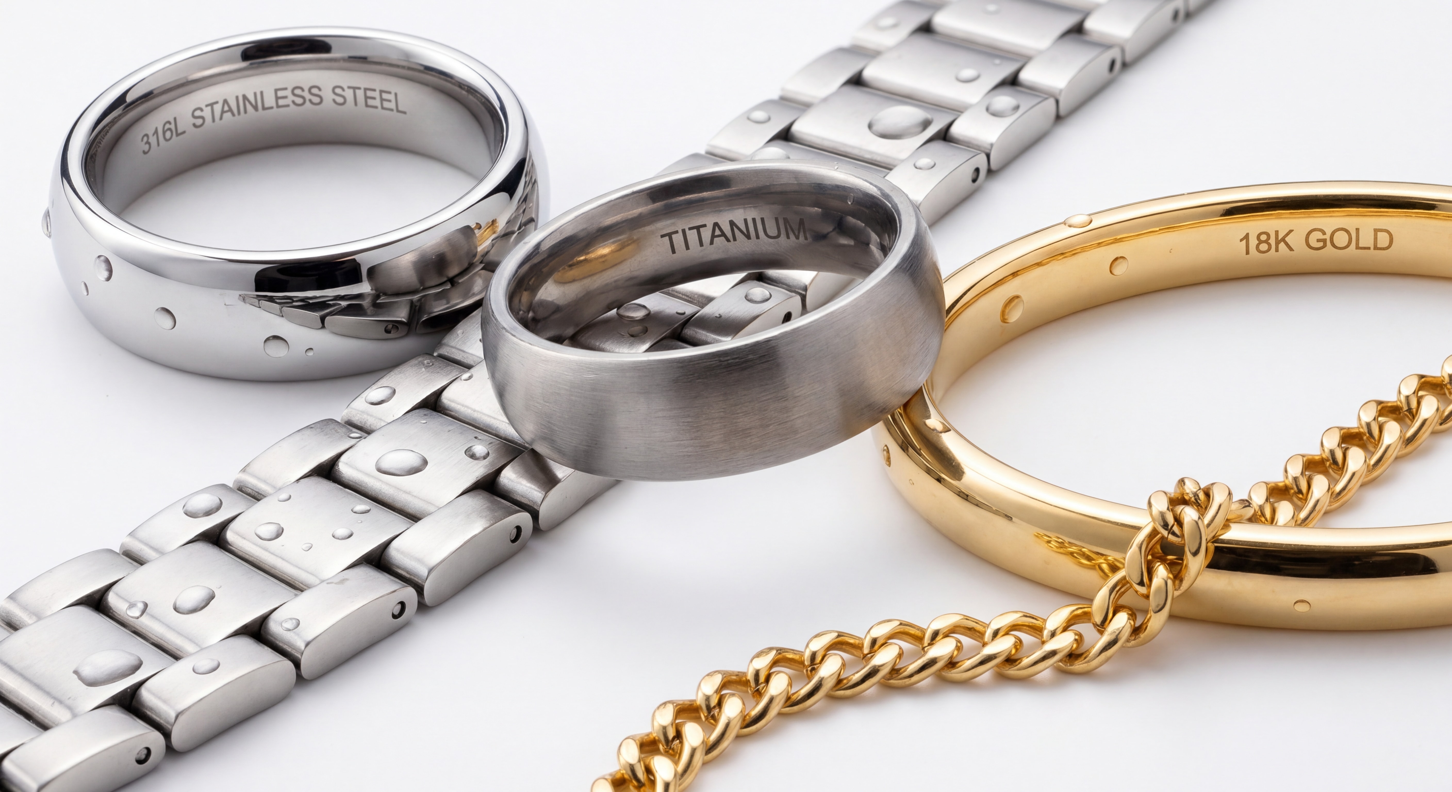 Gros plan sur différents matériaux de bijoux waterproof — acier inoxydable 316L, titane et or 18 carats sur fond blanc épuré