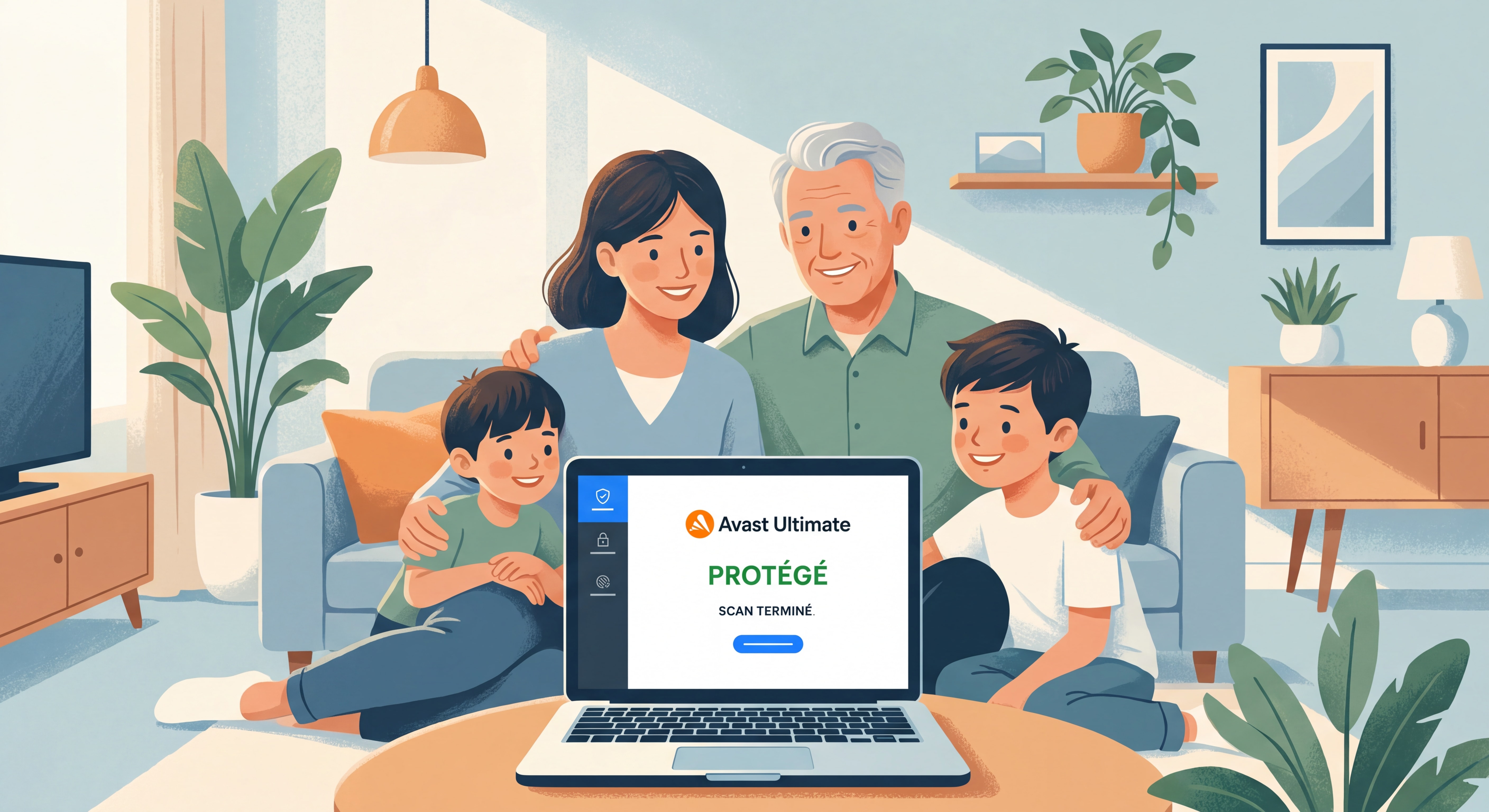 Famille utilisant un ordinateur portable en sécurité à la maison, interface Avast Ultimate visible à l'écran, ambiance rassurante et moderne