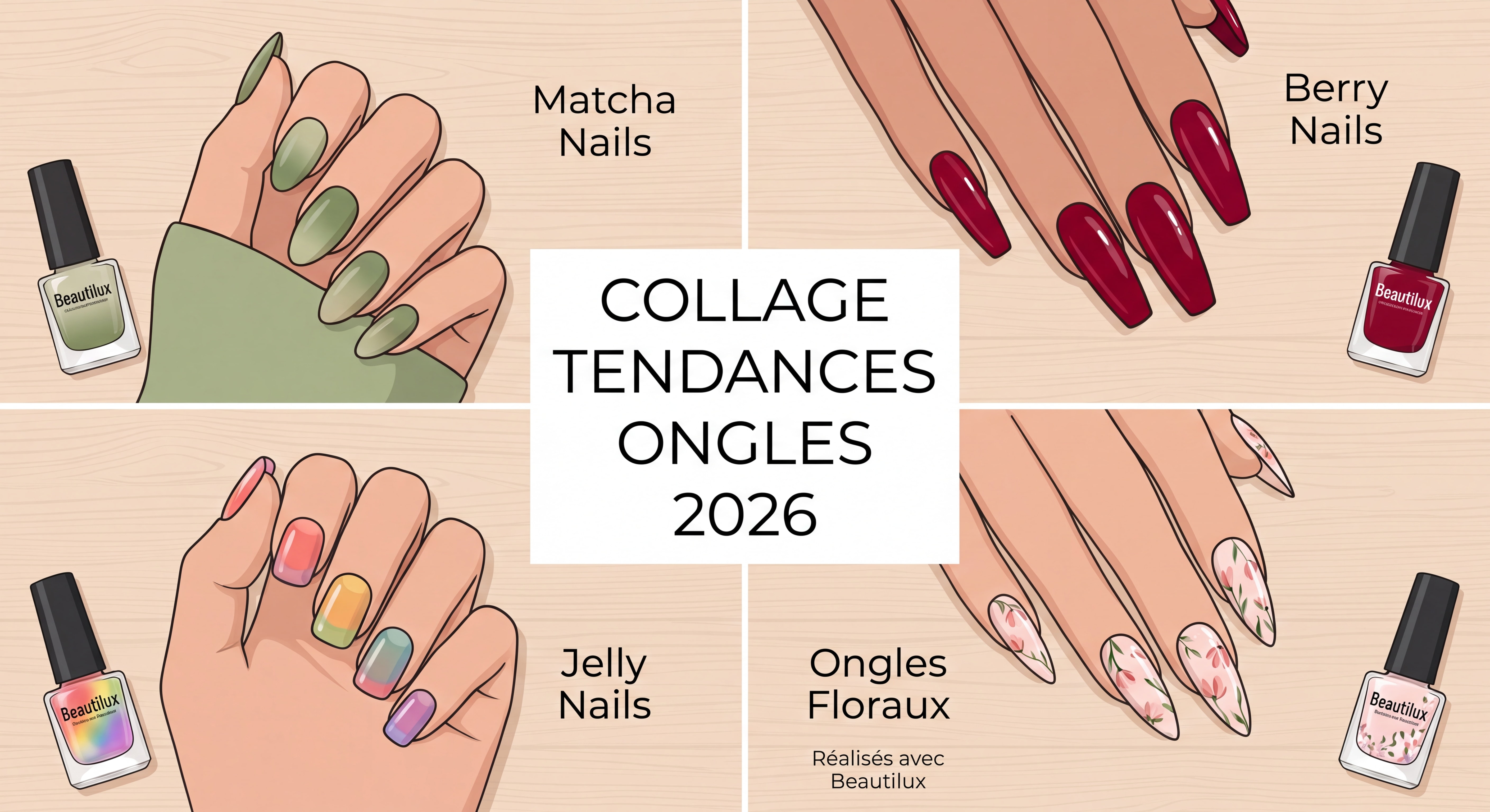 Collage tendances ongles 2026 — matcha nails, berry nails, jelly nails et ongles floraux réalisés avec des vernis Beautilux sur différentes longueurs d'ongles