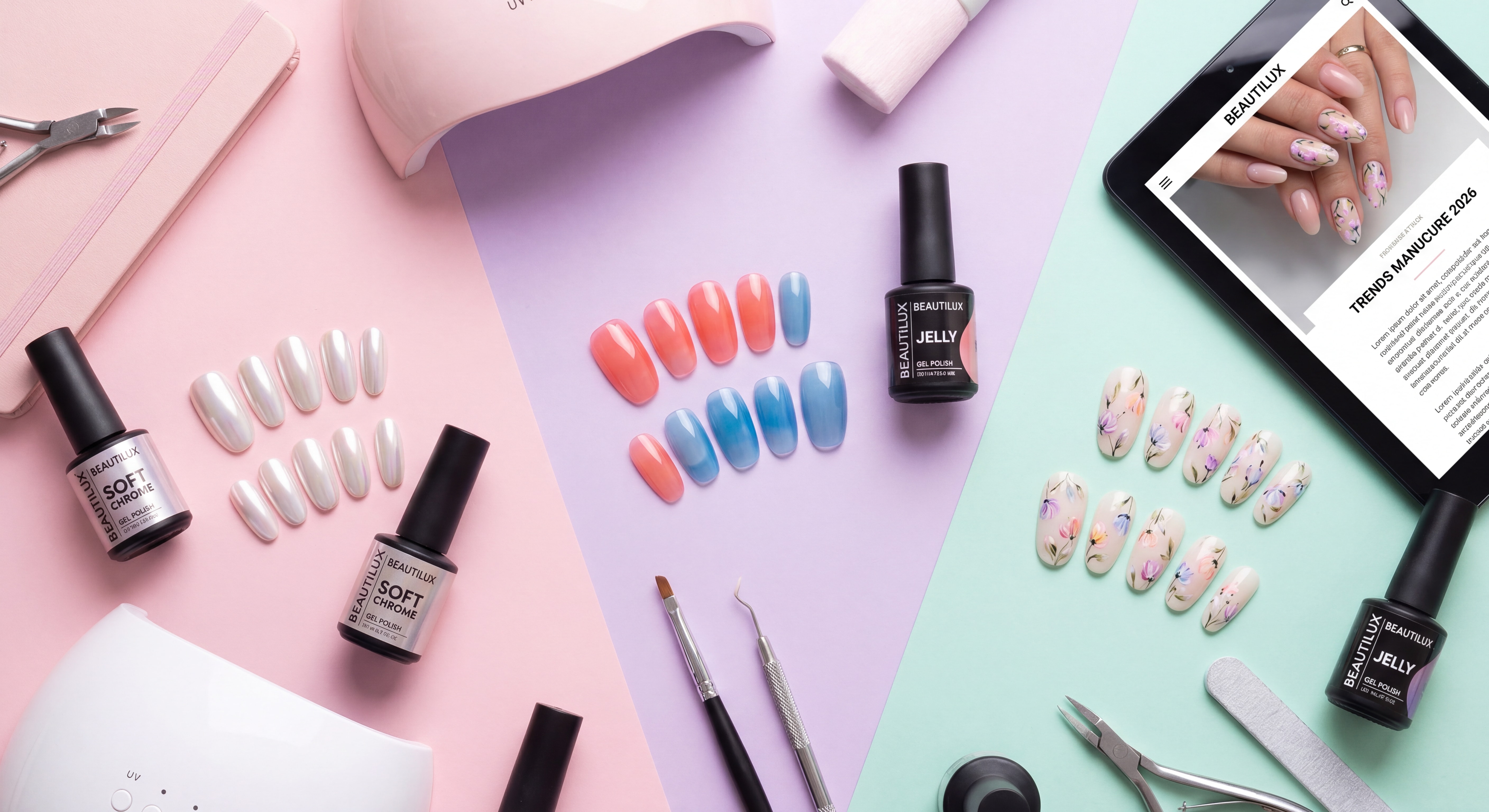 Flat lay de manucures tendances 2026 — ongles soft chrome, jelly nails et floraux sur fond pastel, nail art professionnel Beautilux
