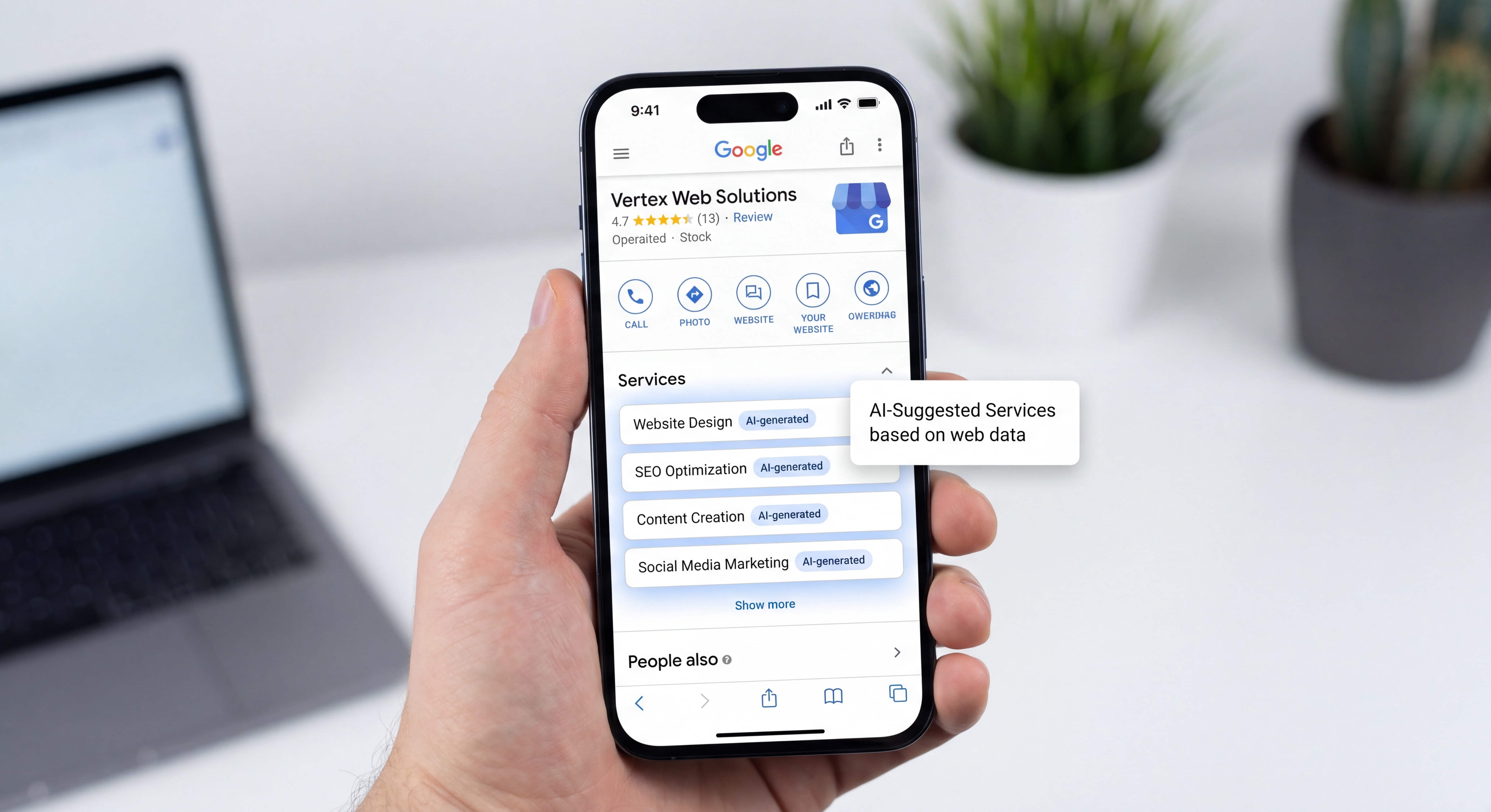Capture d'écran d'une fiche Google Business Profile avec les services générés automatiquement par l'IA mis en évidence, vue sur mobile