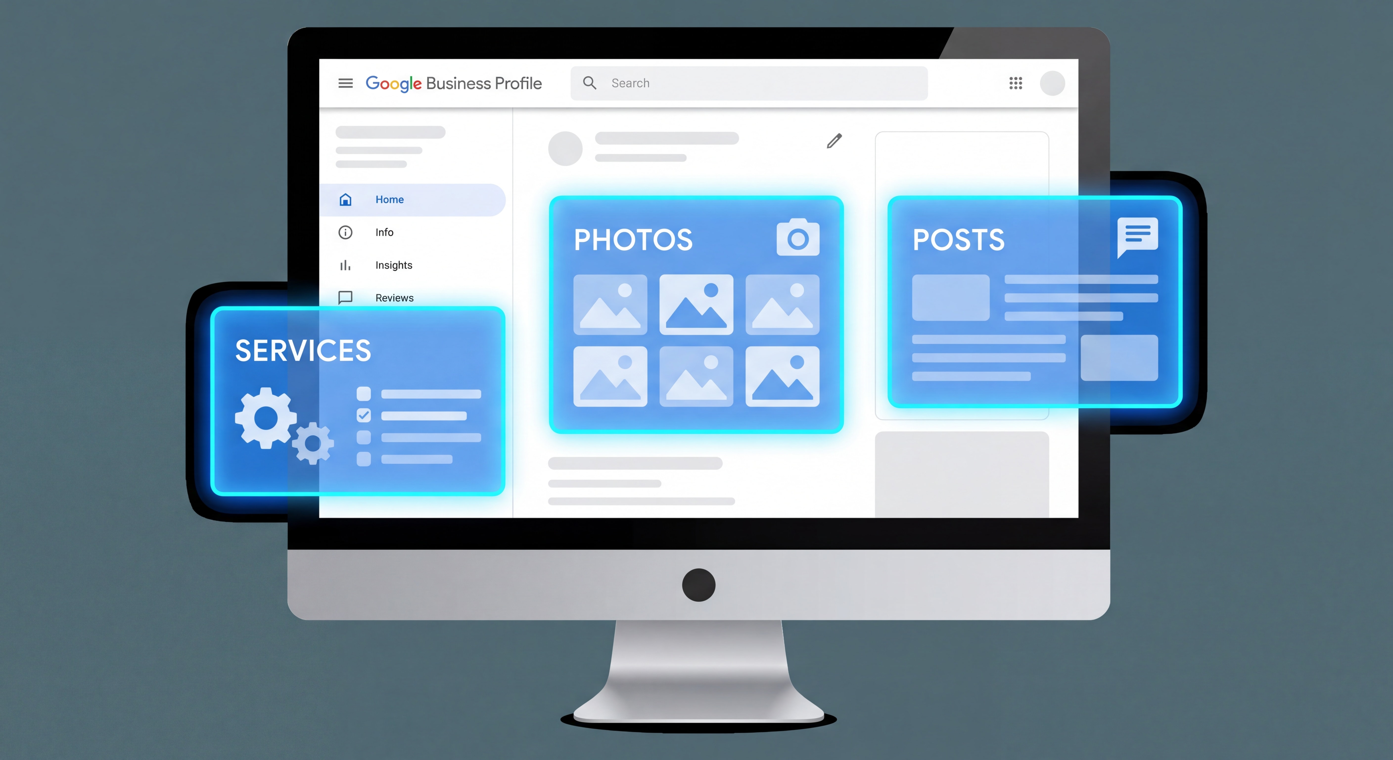 Tableau de bord Google Business Profile avec les sections services, photos et posts mis en évidence, vue sur ordinateur de bureau