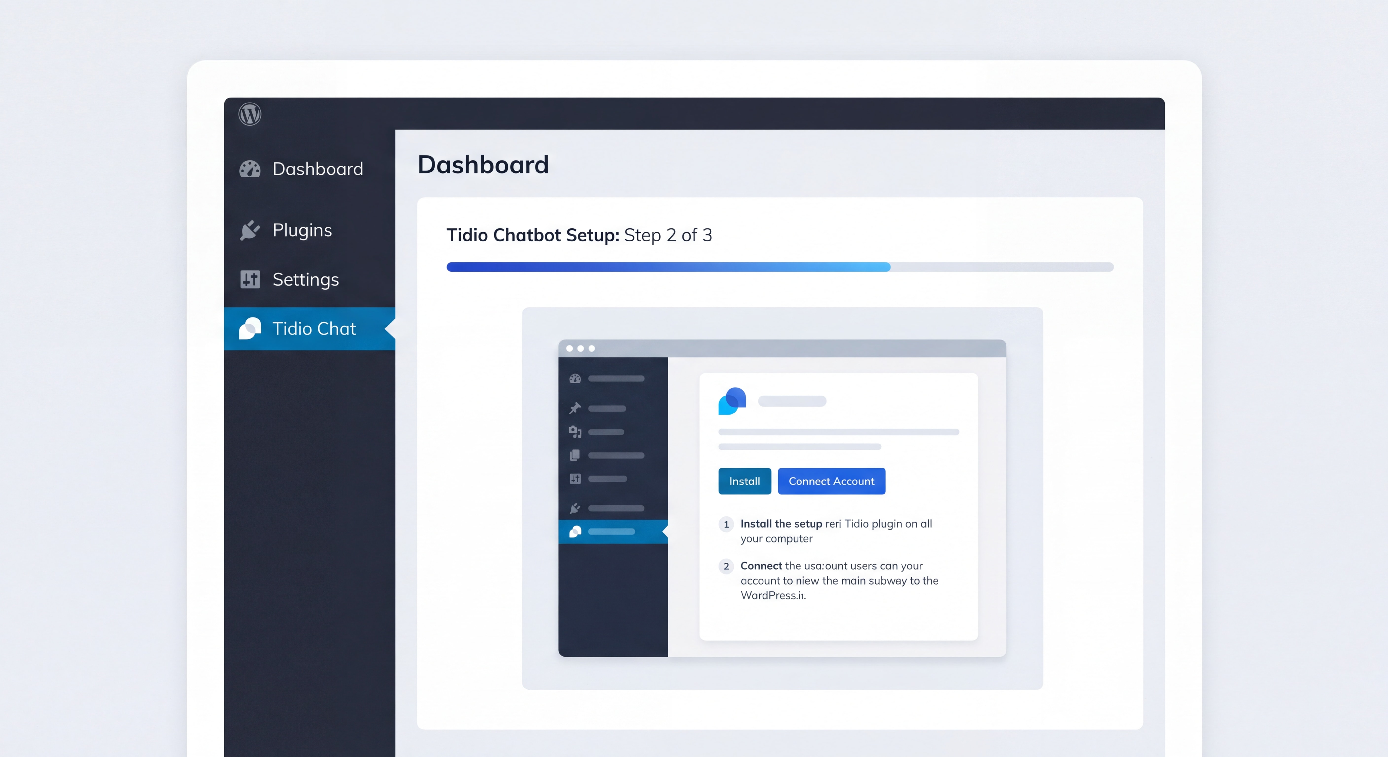 Step-by-step WordPress chatbot plugin installation dashboard showing Tidio setup interface