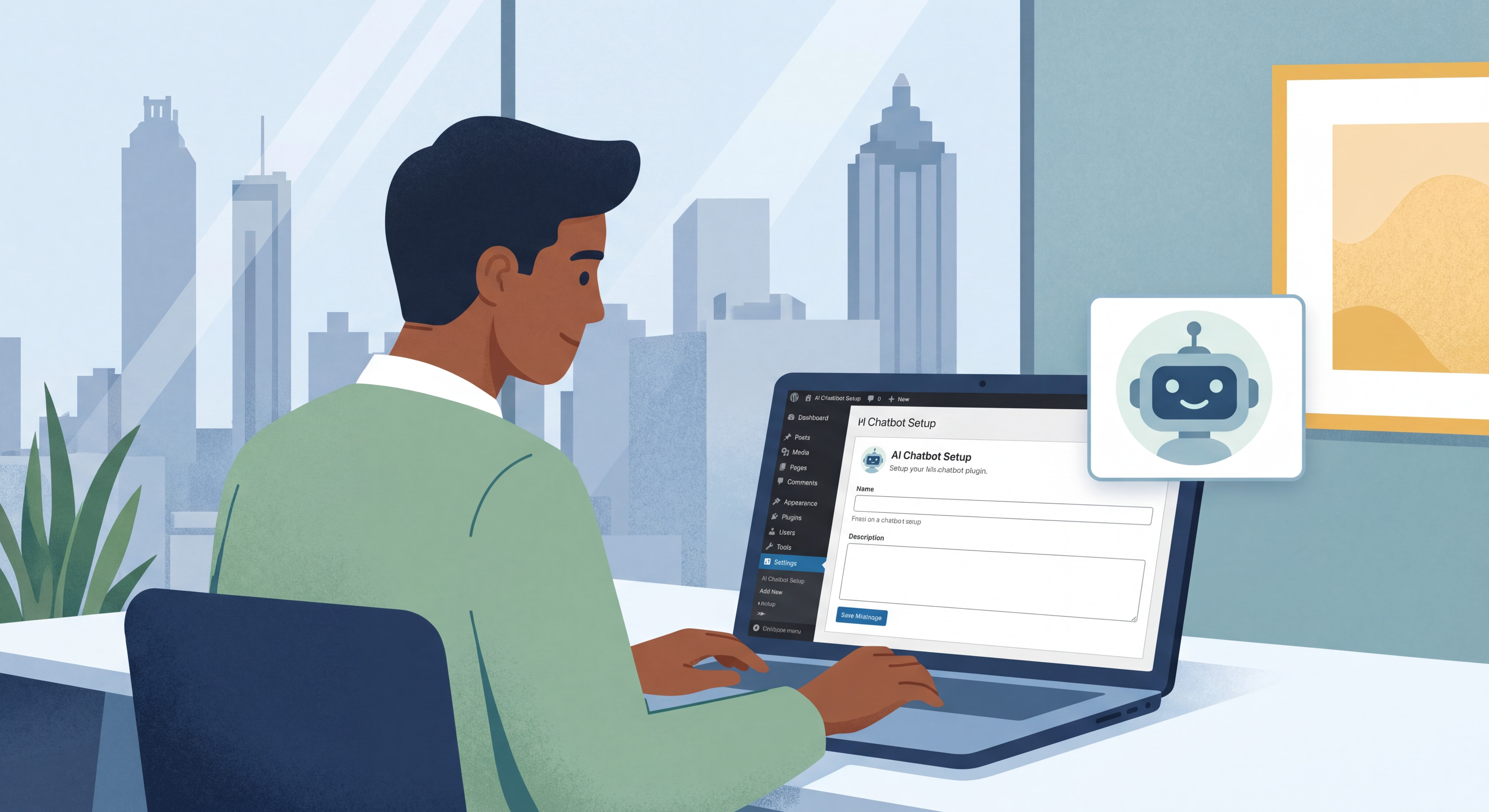 Atlanta small business owner setting up an AI chatbot on a WordPress website dashboard