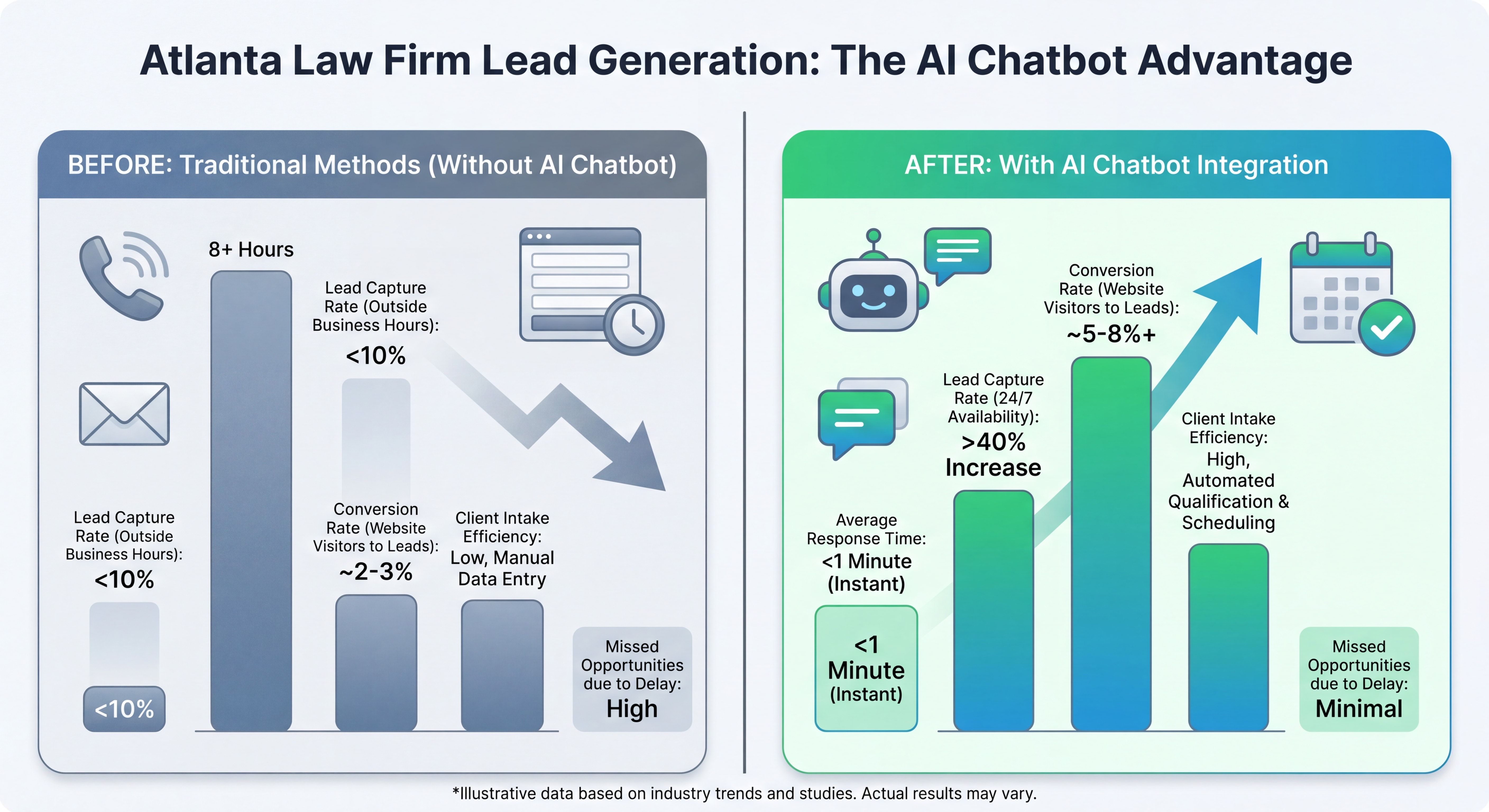 Before and after comparison chart showing Atlanta law firm lead generation metrics with and without AI chatbot