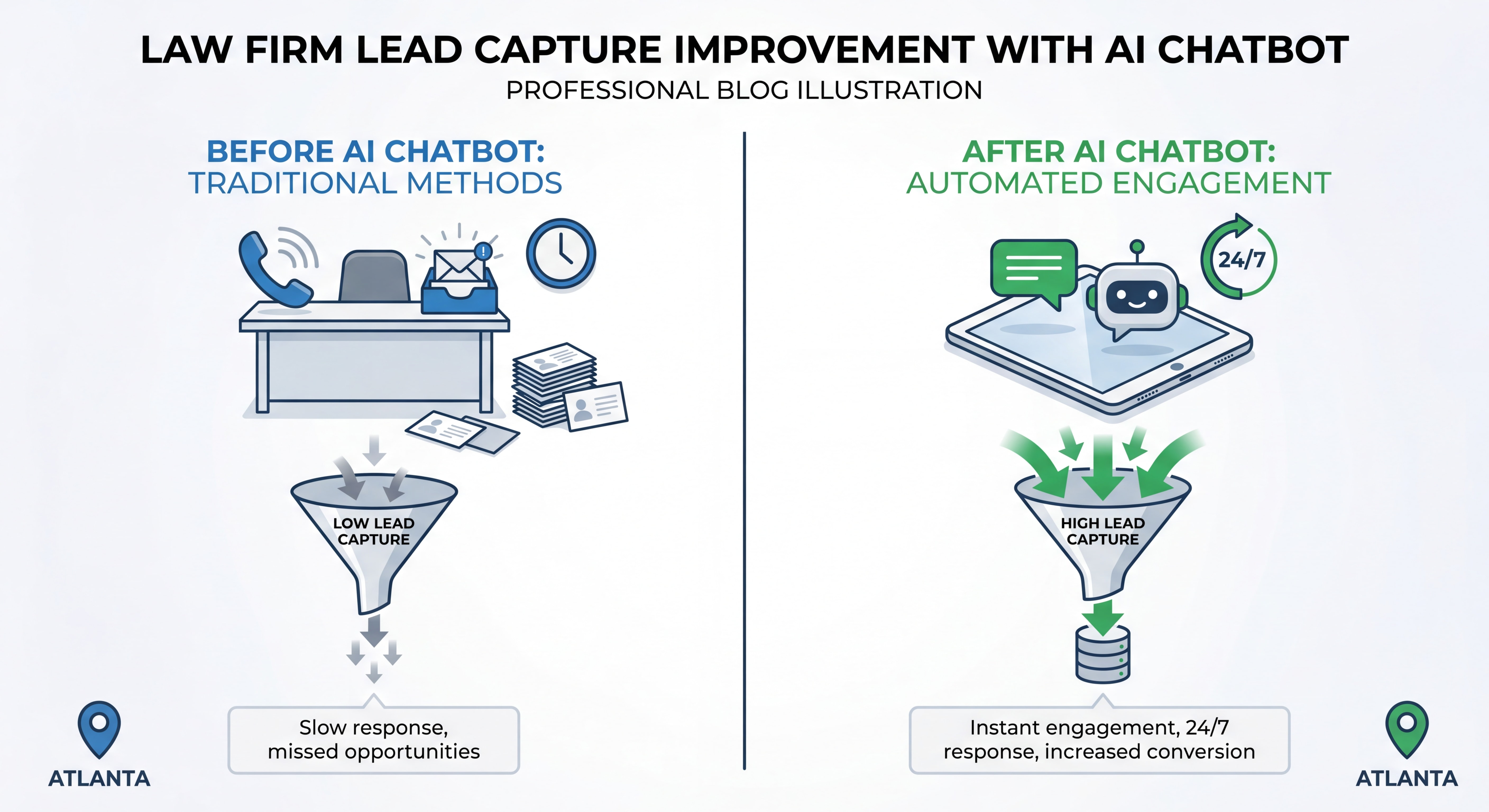 Before and after comparison infographic showing law firm lead capture improvement with AI chatbot in Atlanta