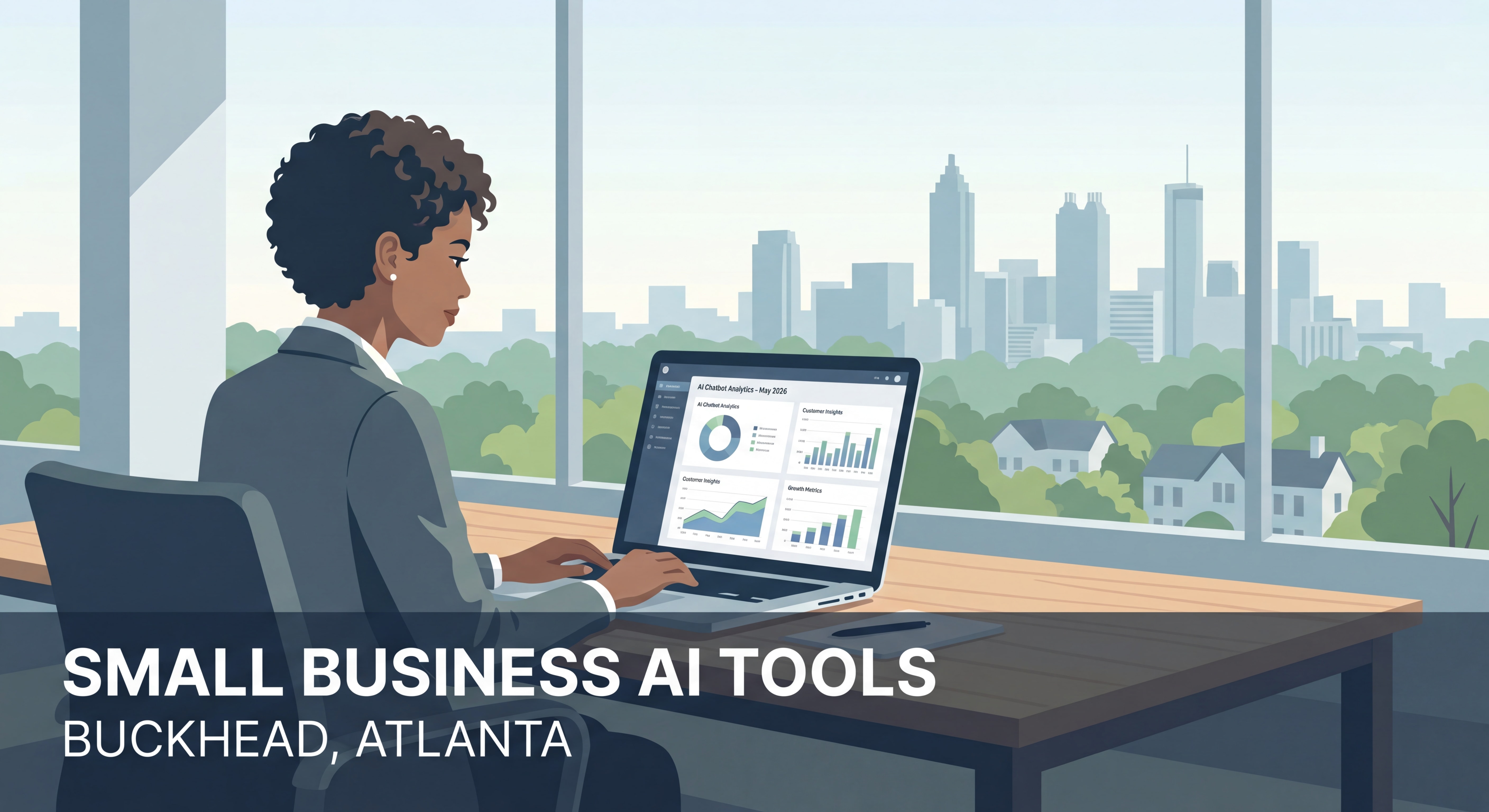 Atlanta small business owner reviewing AI chatbot dashboard on laptop in Buckhead office, 2026