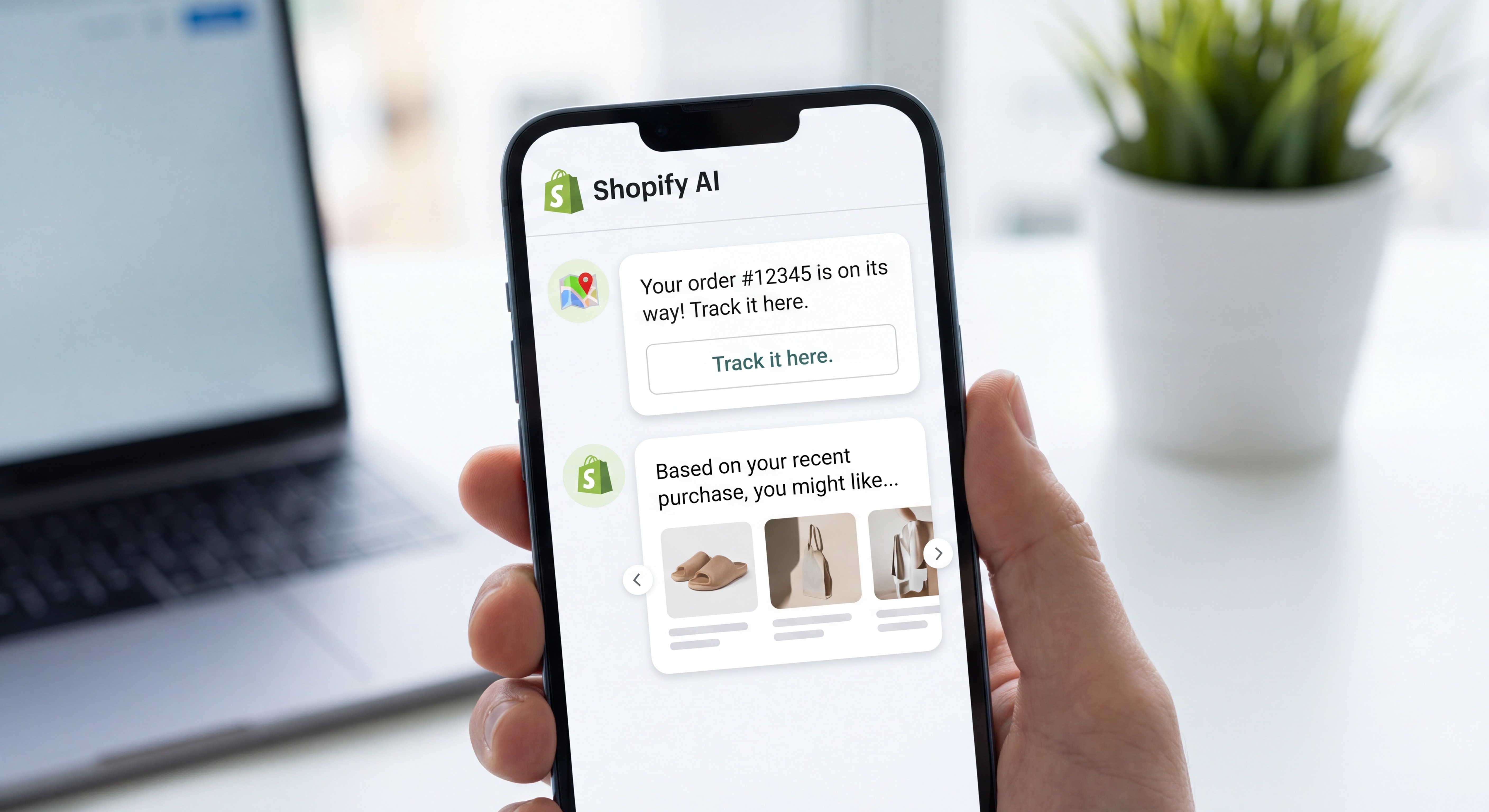 Shopify AI chatbot interface showing automated order tracking and product recommendation on mobile device