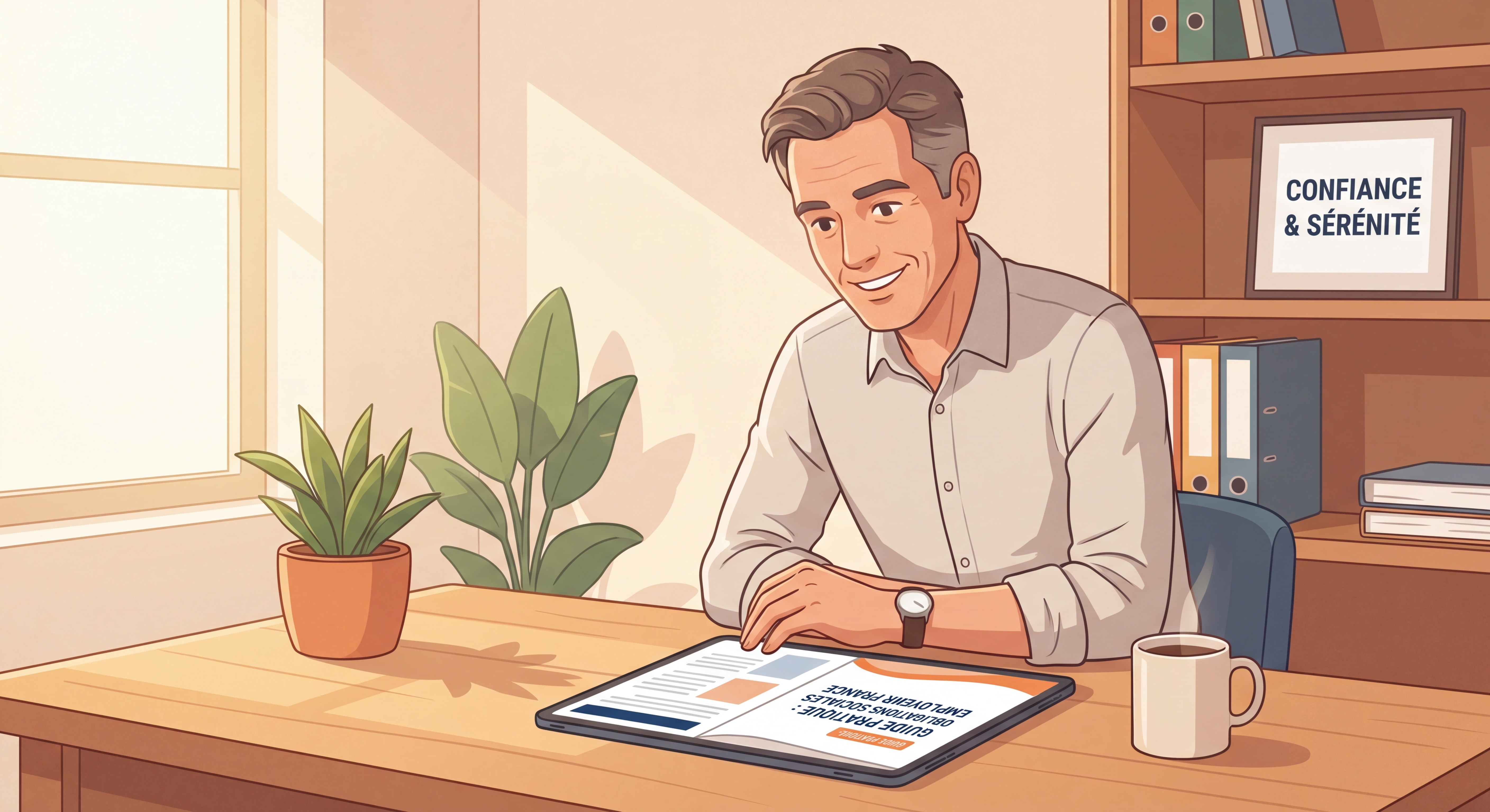 Dirigeant de TPE consultant un guide des obligations sociales employeur France sur son bureau, ambiance professionnelle et rassurante