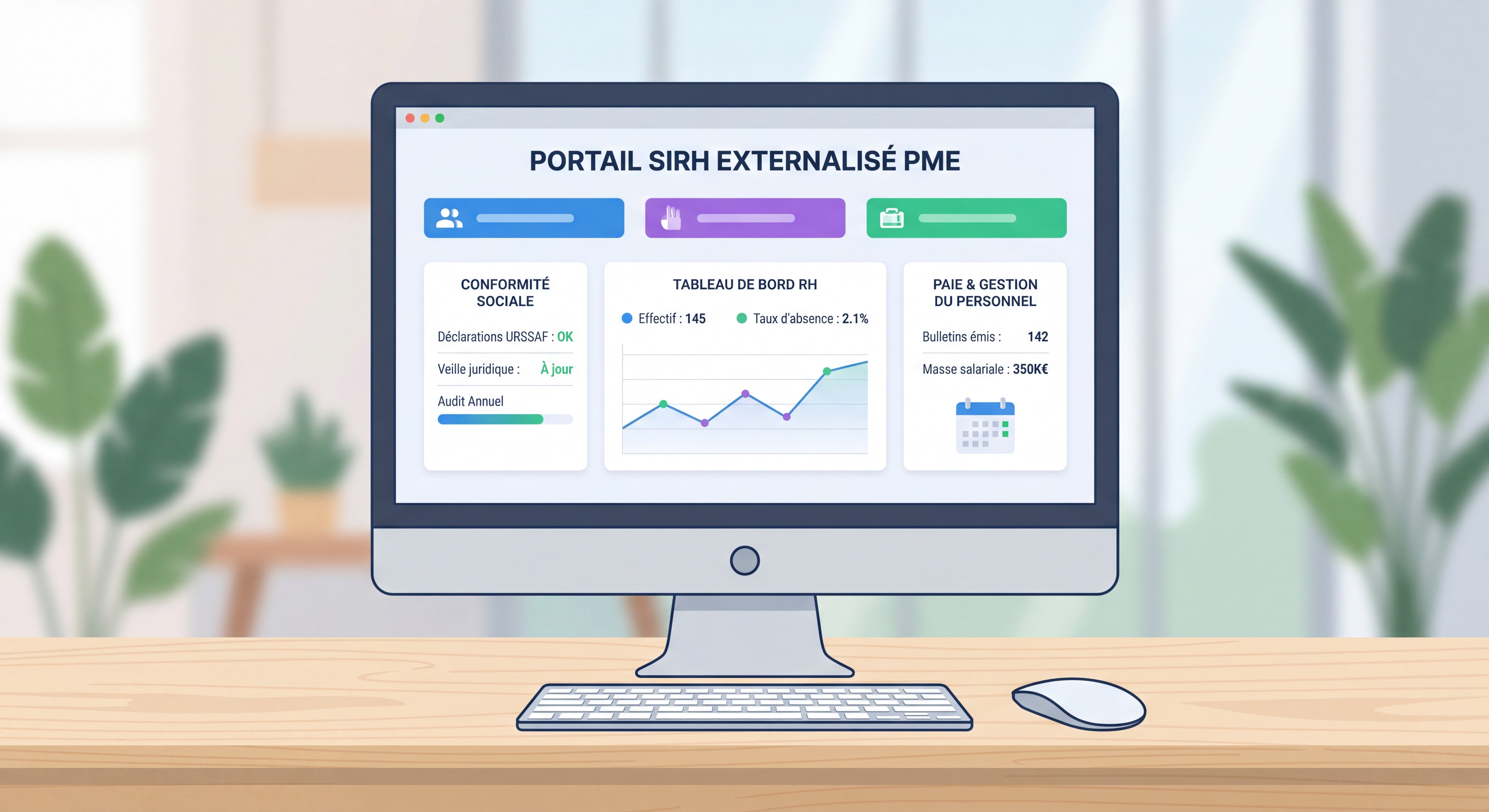 Interface d'un SIRH externalisé sur écran d'ordinateur avec tableau de bord RH pour PME, données de conformité sociale et paie