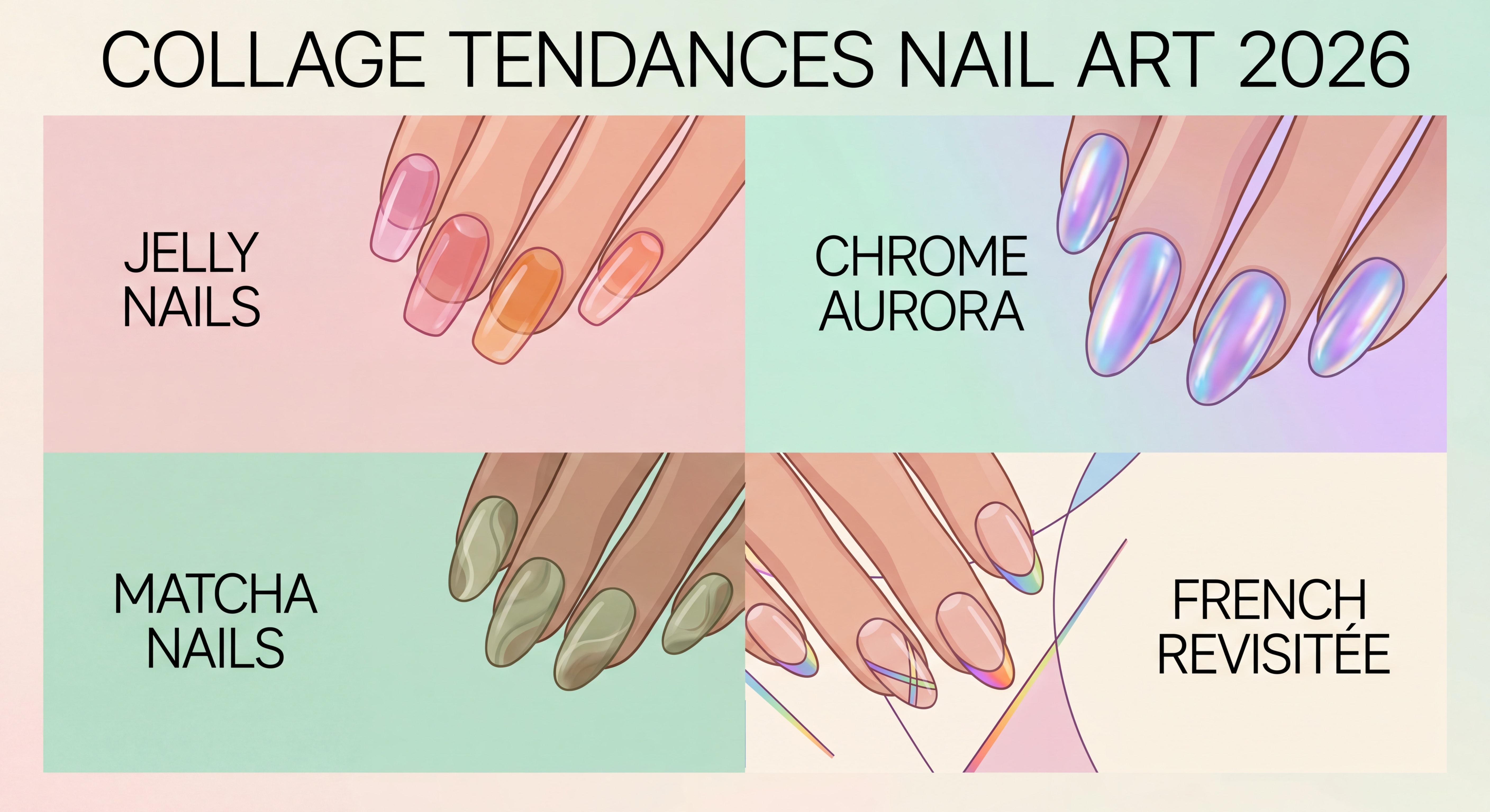 Collage tendances nail art 2026 – jelly nails, chrome aurora, matcha nails et french revisitée sur fond pastel élégant
