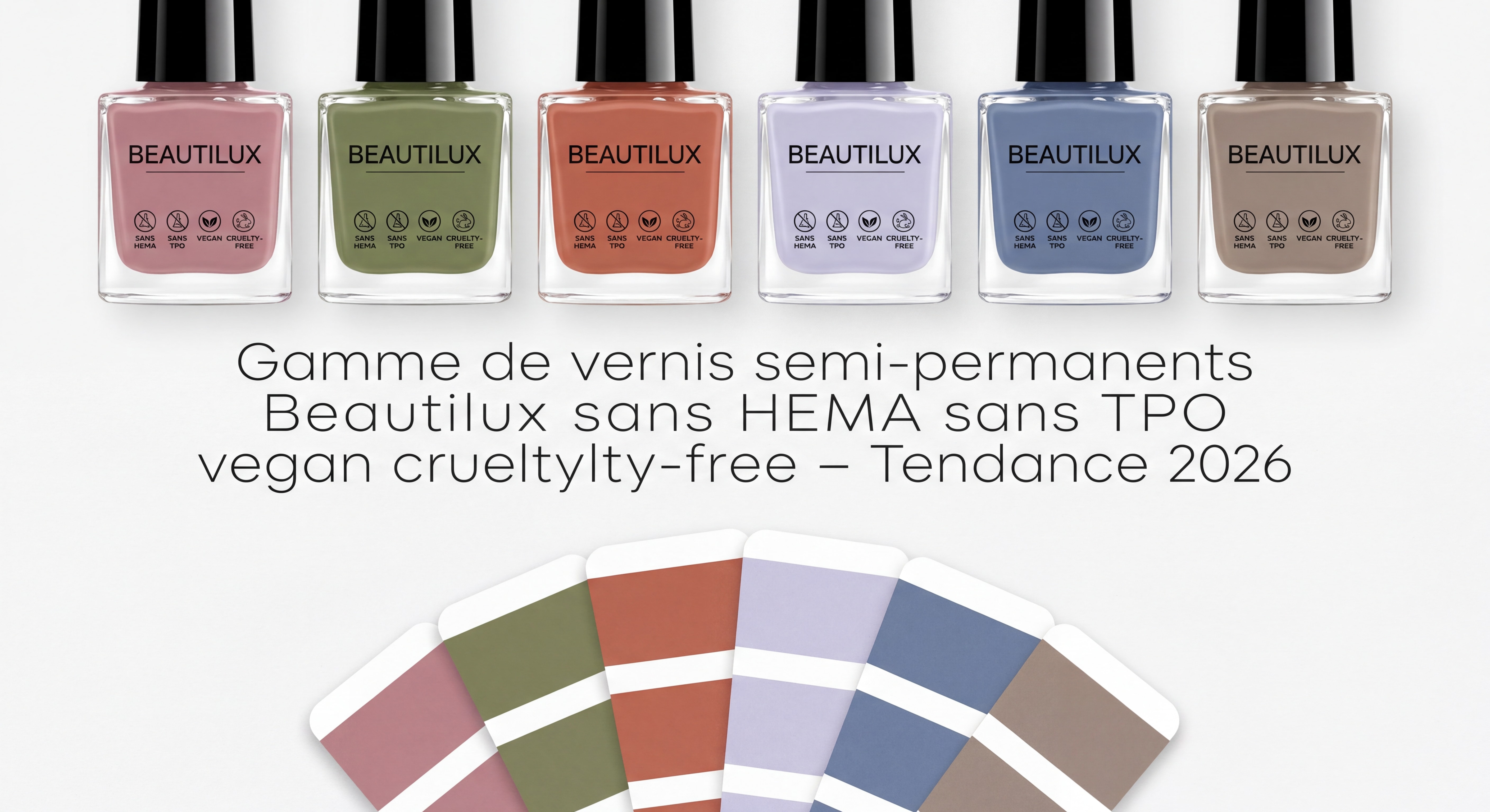 Gamme de vernis semi-permanents Beautilux sans HEMA sans TPO vegan cruelty-free – flacons alignés sur fond blanc épuré avec palette de couleurs tendance 2026