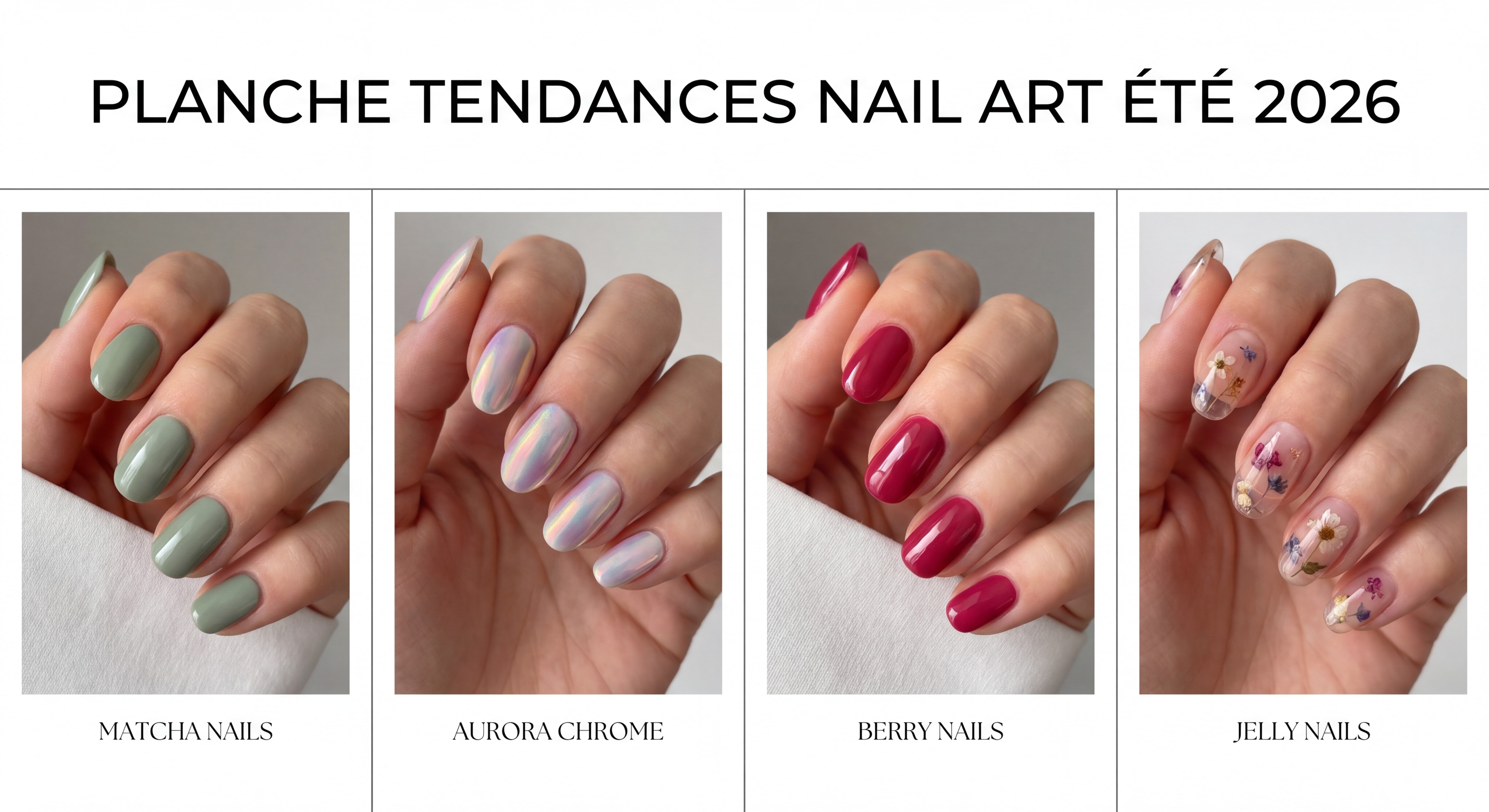 Planche tendances nail art été 2026 – matcha nails vert thé, aurora chrome irisé, berry nails framboise et jelly nails transparents sur mains féminines