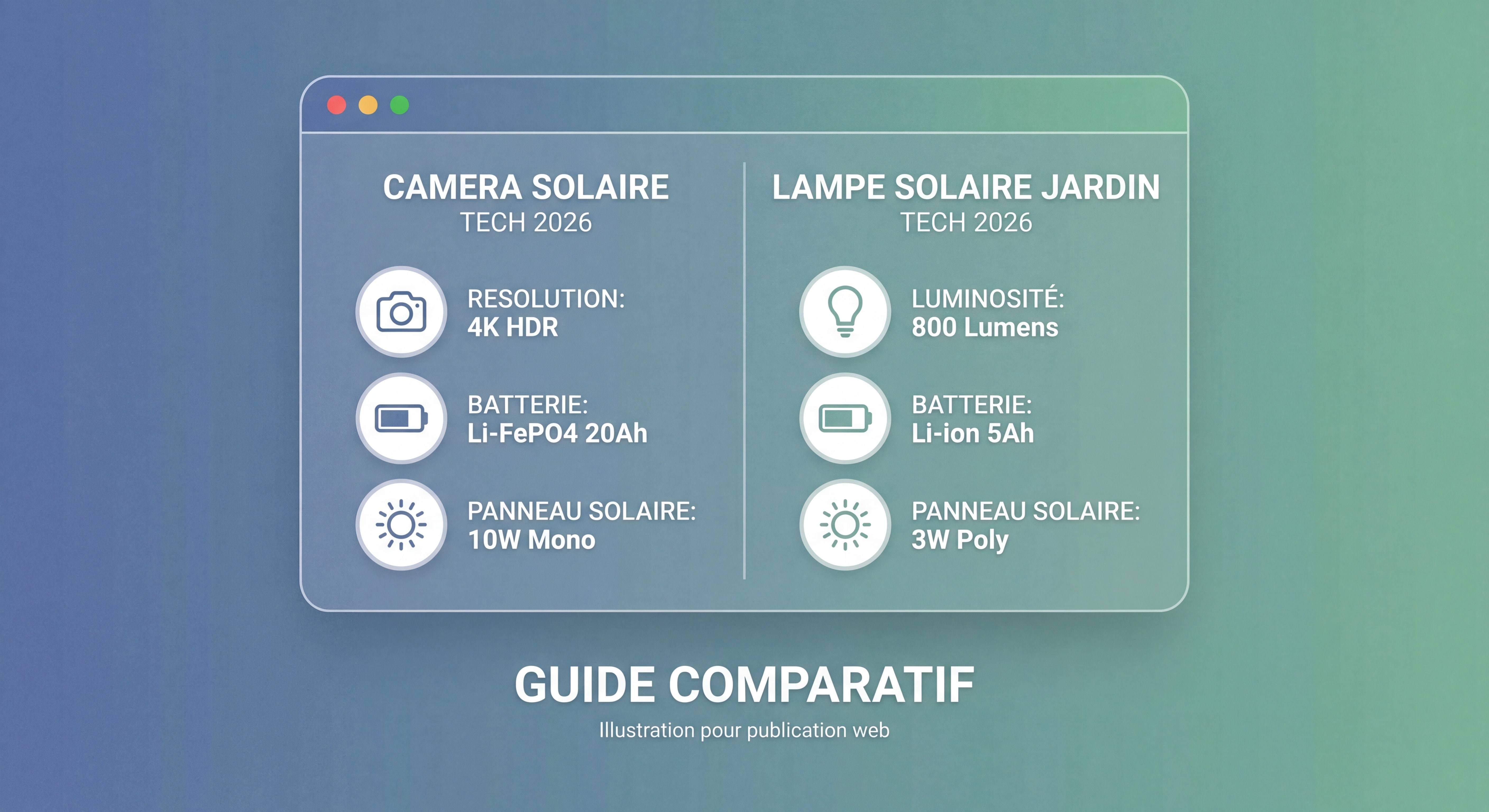 Guide comparatif technologie caméra solaire et lampe solaire jardin extérieur 2026 — tableau de bord avec spécifications techniques résolution batterie panneau solaire