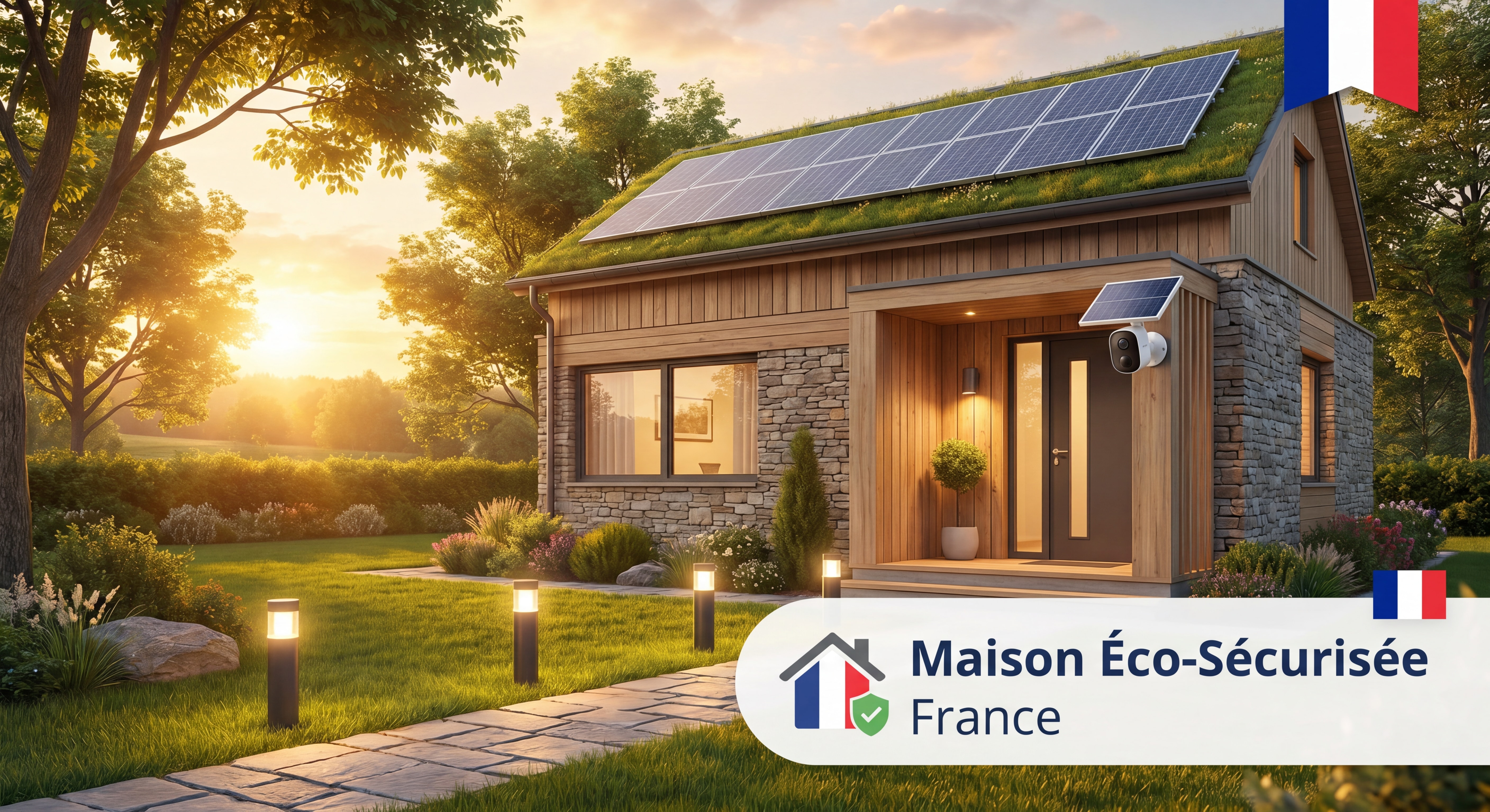 Maison sécurisée avec caméra solaire et lampes solaires de jardin au coucher du soleil, symbolisant la sécurité responsable et la transition écologique en France
