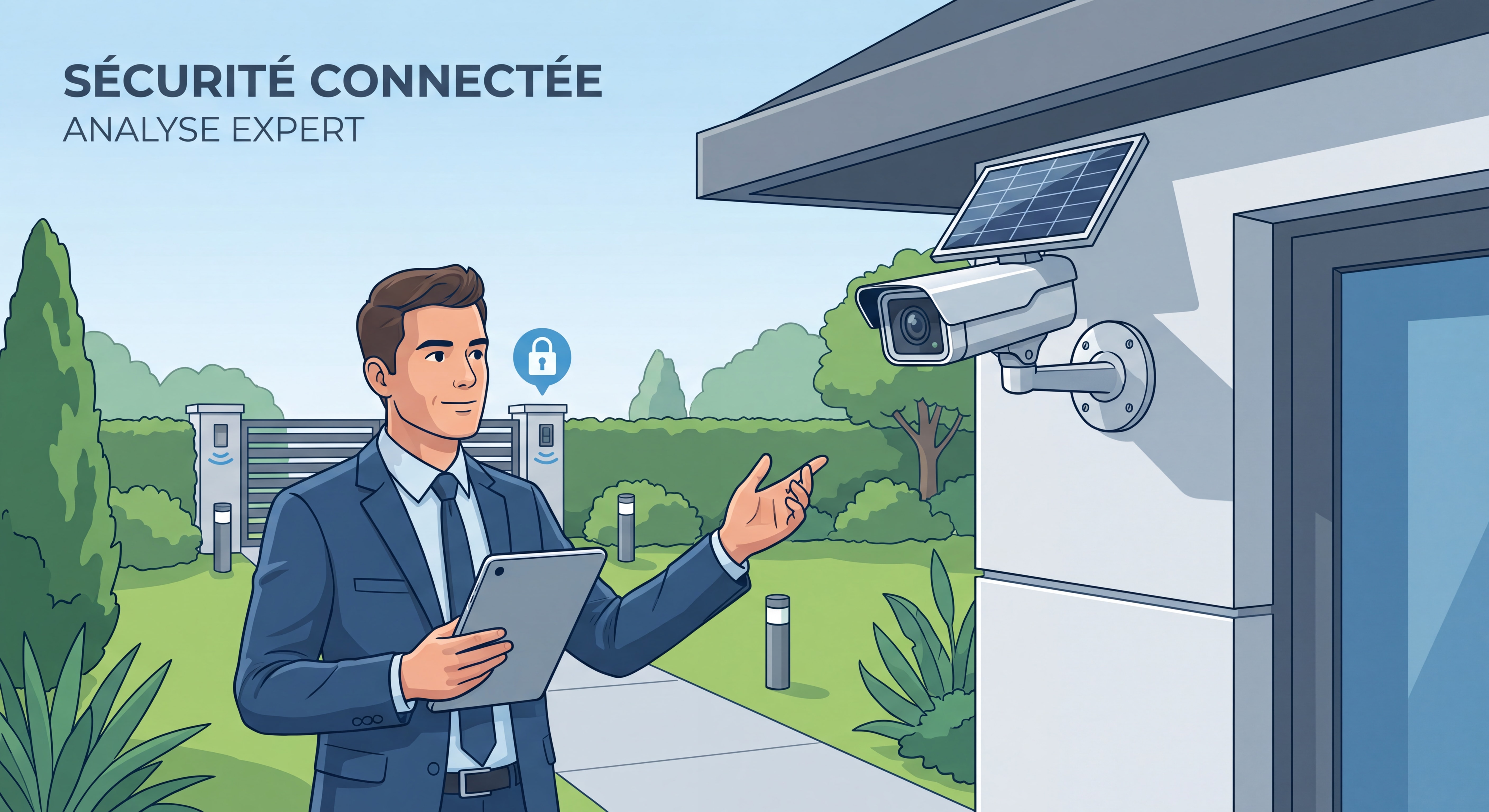 Expert en sécurité analysant un système de caméra solaire connectée installée sur une façade de maison avec panneau photovoltaïque intégré, jardin sécurisé en arrière-plan