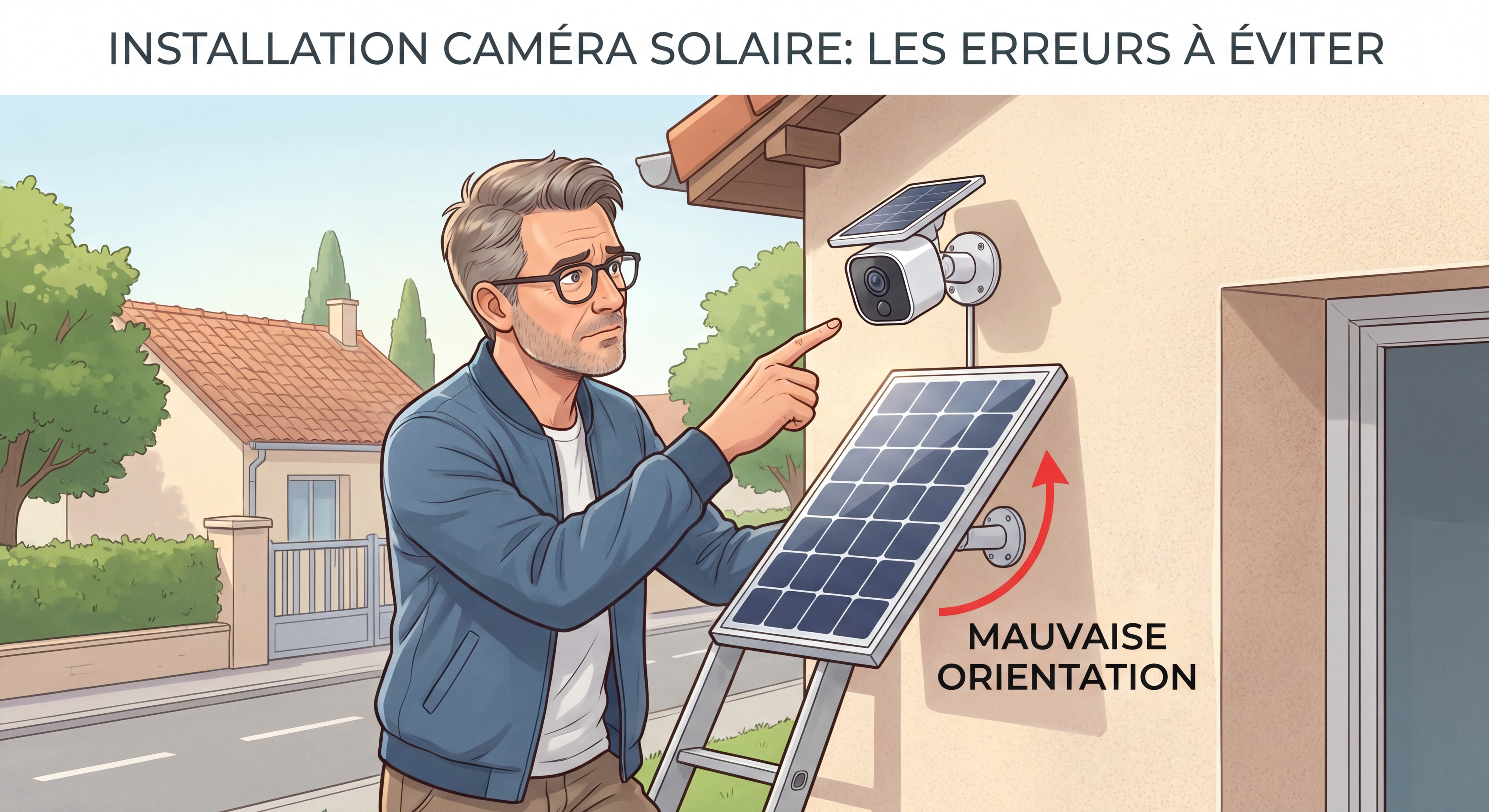 Propriétaire français inspectant l'installation d'une caméra solaire extérieure sur façade de maison, avec panneau solaire mal orienté illustrant les erreurs d'installation courantes