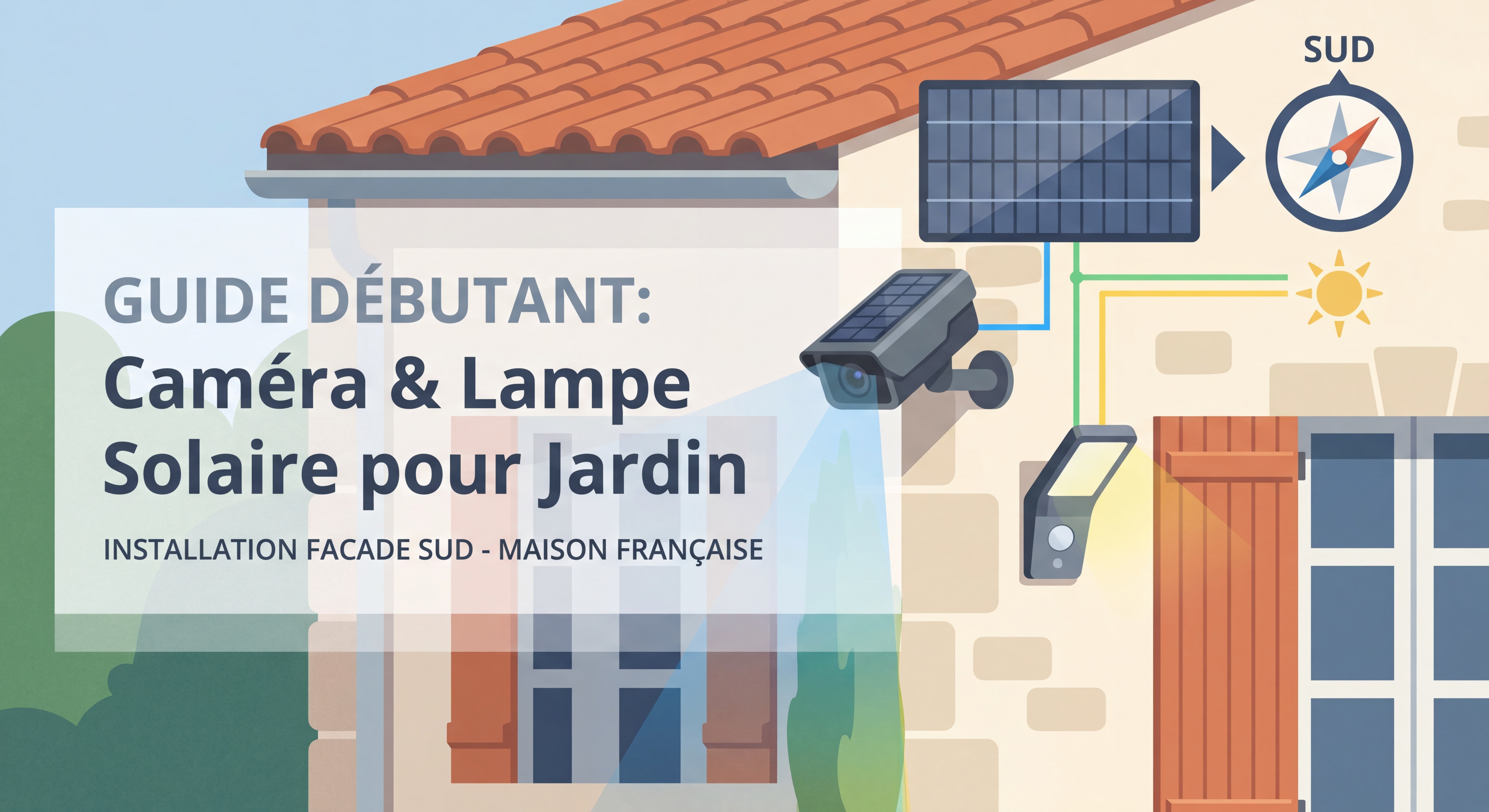 Guide débutant caméra solaire et lampe solaire jardin installées sur façade de maison individuelle française avec panneau solaire orienté plein sud