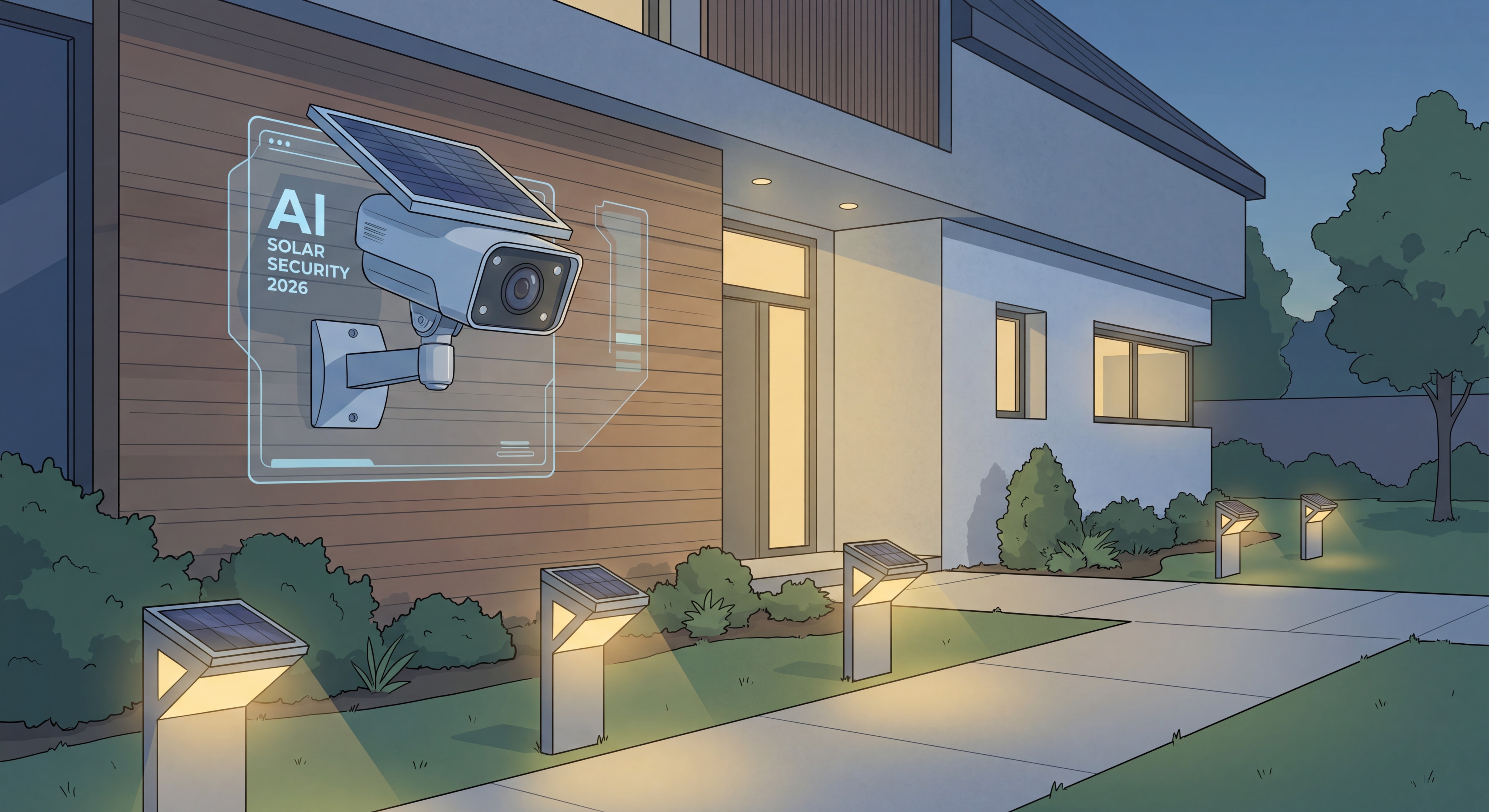 Caméra solaire intelligente avec IA installée sur façade de maison, éclairage solaire extérieur jardin sécurité 2026