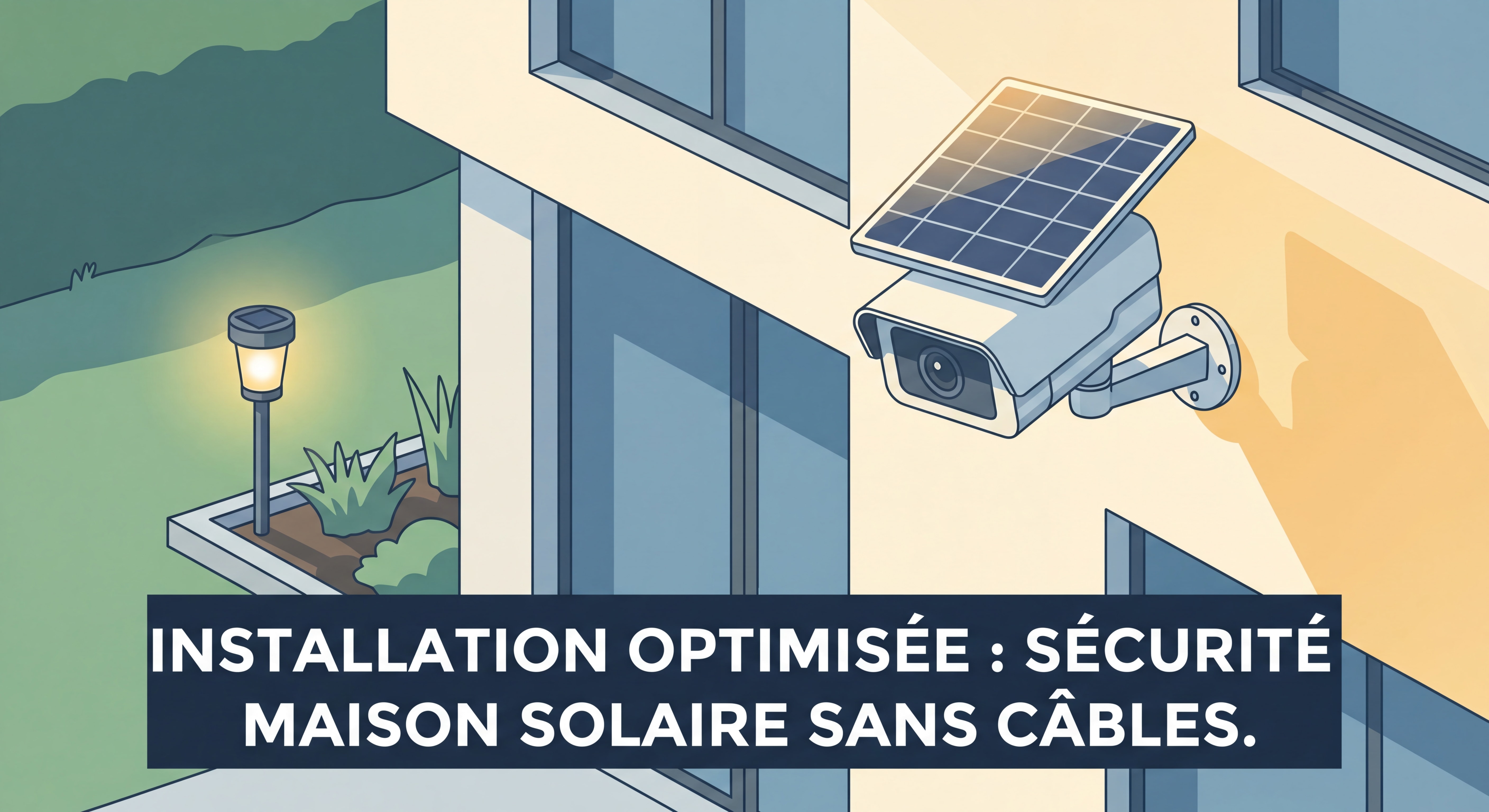 Installation optimisée d'une caméra solaire extérieure orientée plein sud sur façade de maison avec lampe solaire jardin en arrière-plan — sécurité maison solaire sans câbles
