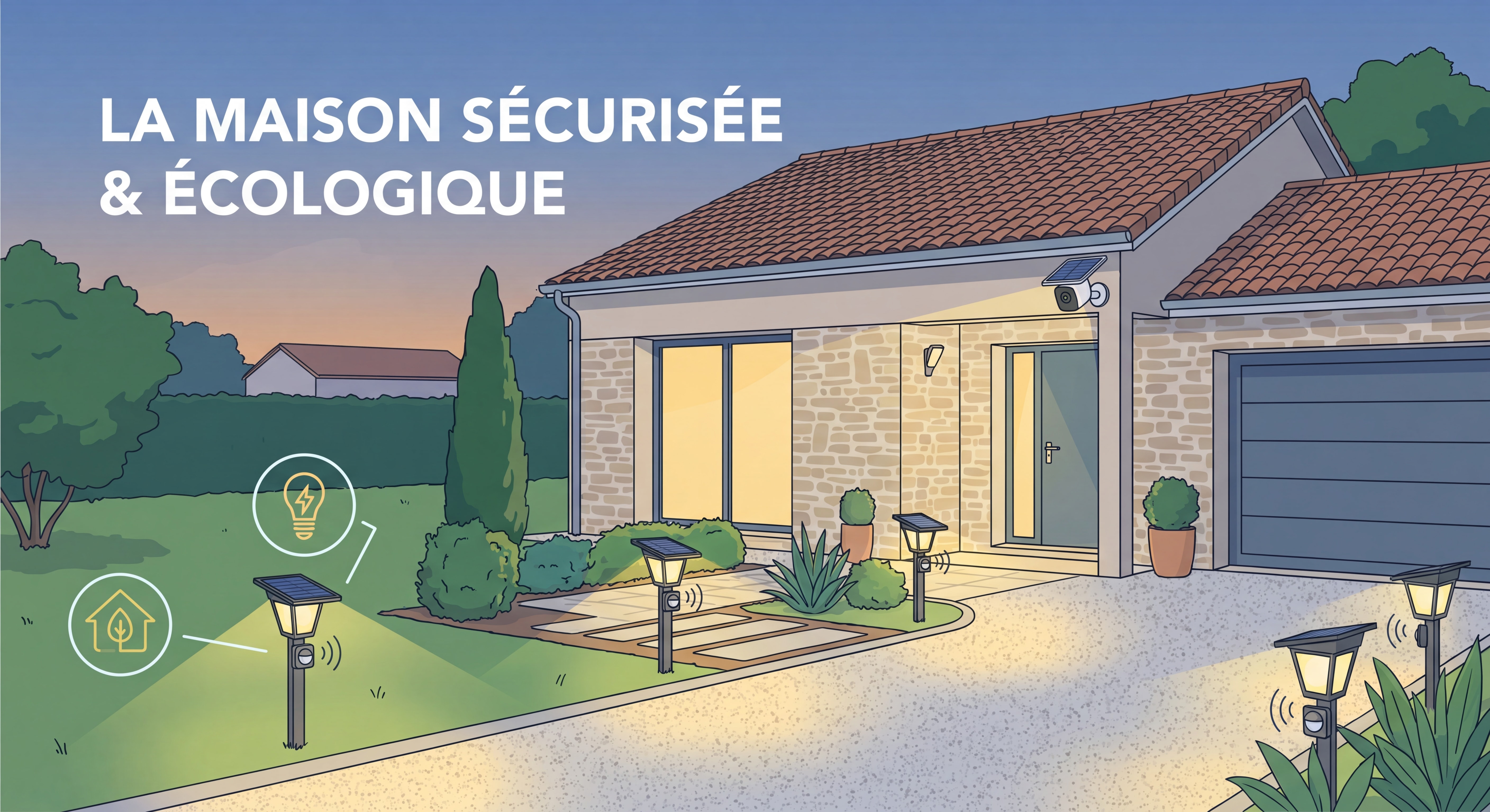 Maison individuelle française sécurisée avec caméra solaire et lampe solaire jardin avec détecteur de mouvement installées sur façade et allée extérieure