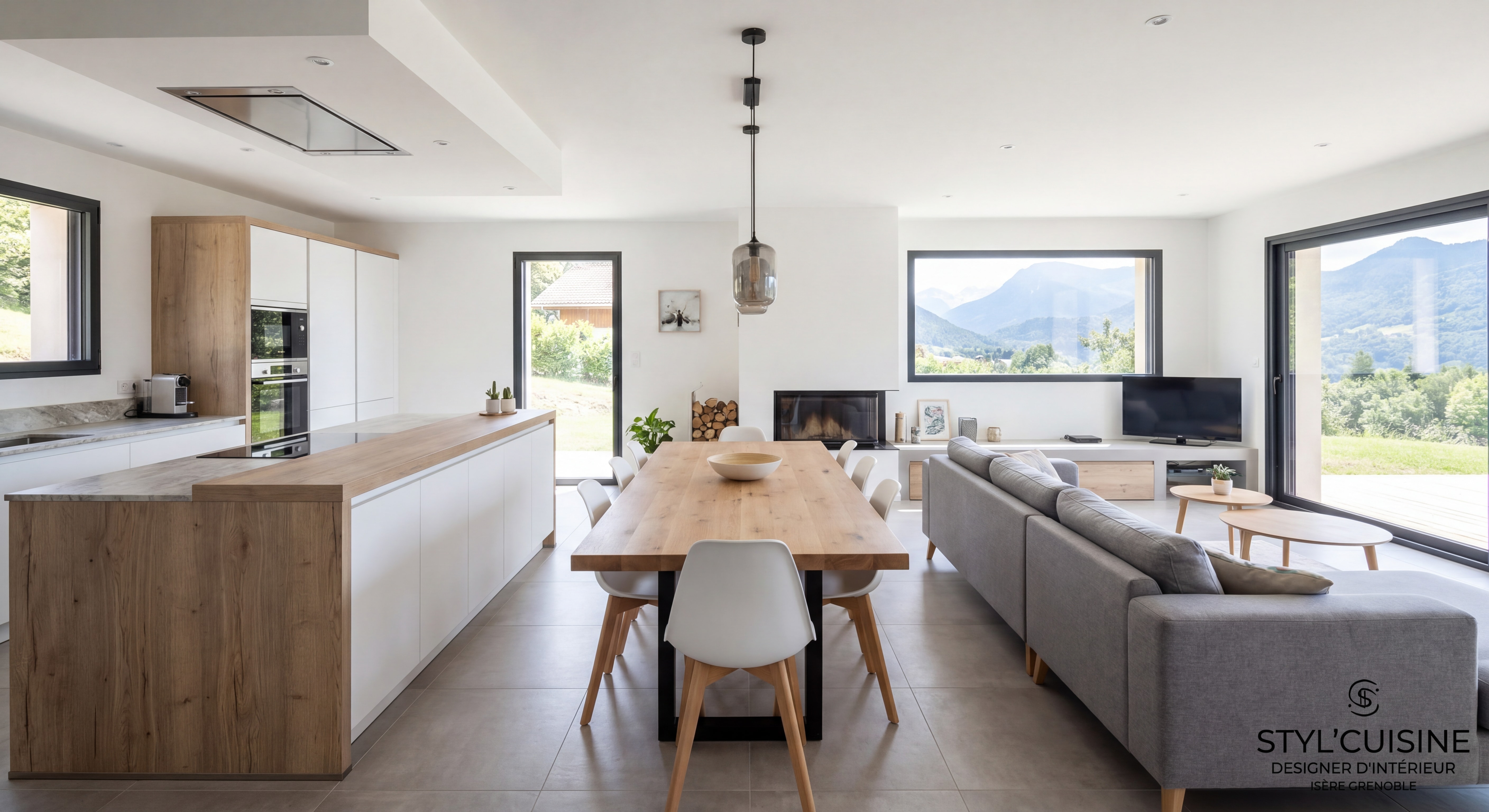 Intérieur contemporain sur mesure réalisé par Styl'Cuisine designer d'intérieur Isère Grenoble - open space familial lumineux avec cuisine et séjour
