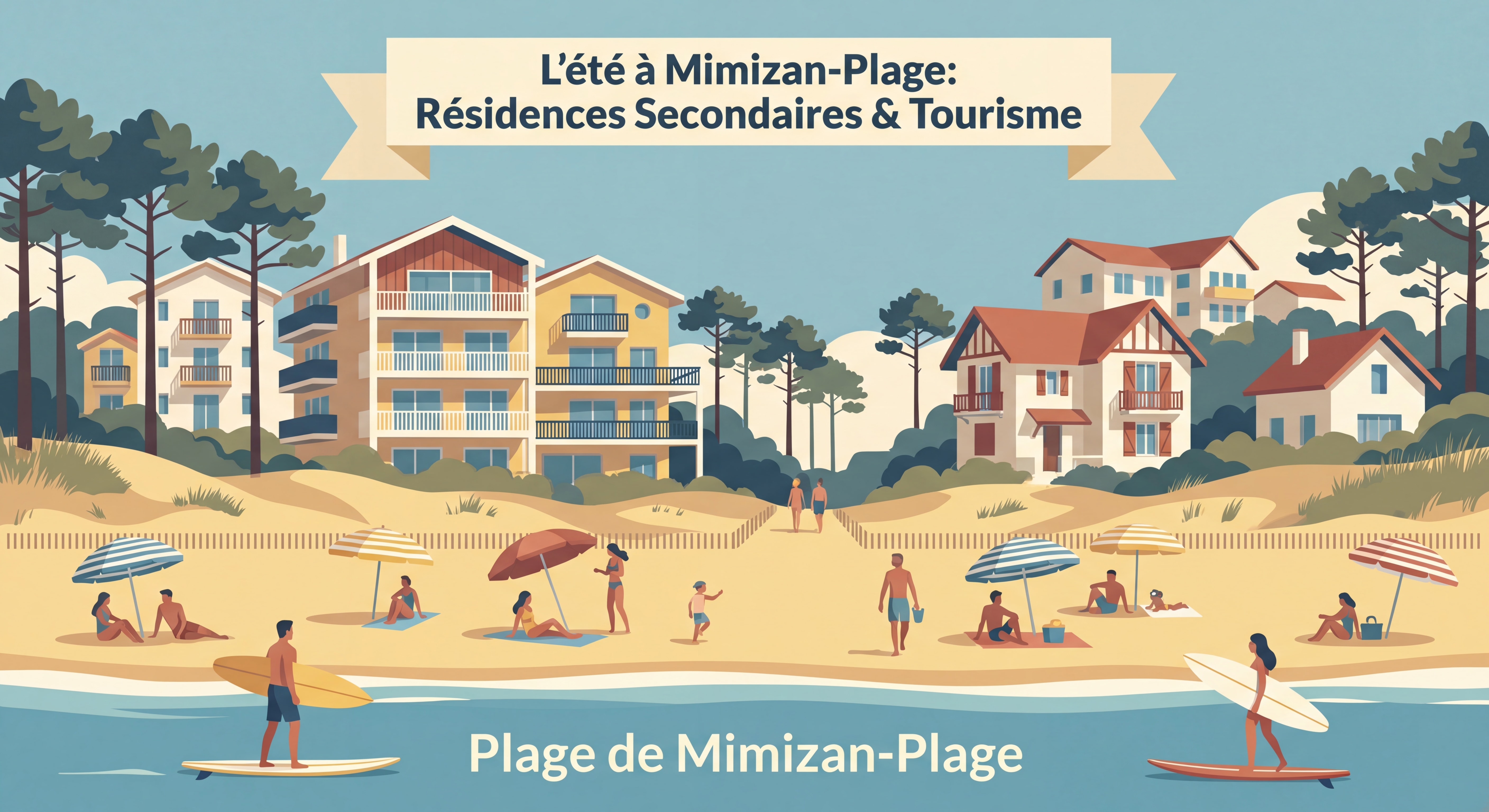 Plage de Mimizan-Plage en été avec résidences balnéaires et villas en arrière-plan, illustrant la forte présence des résidences secondaires et le caractère touristique de la commune landaise