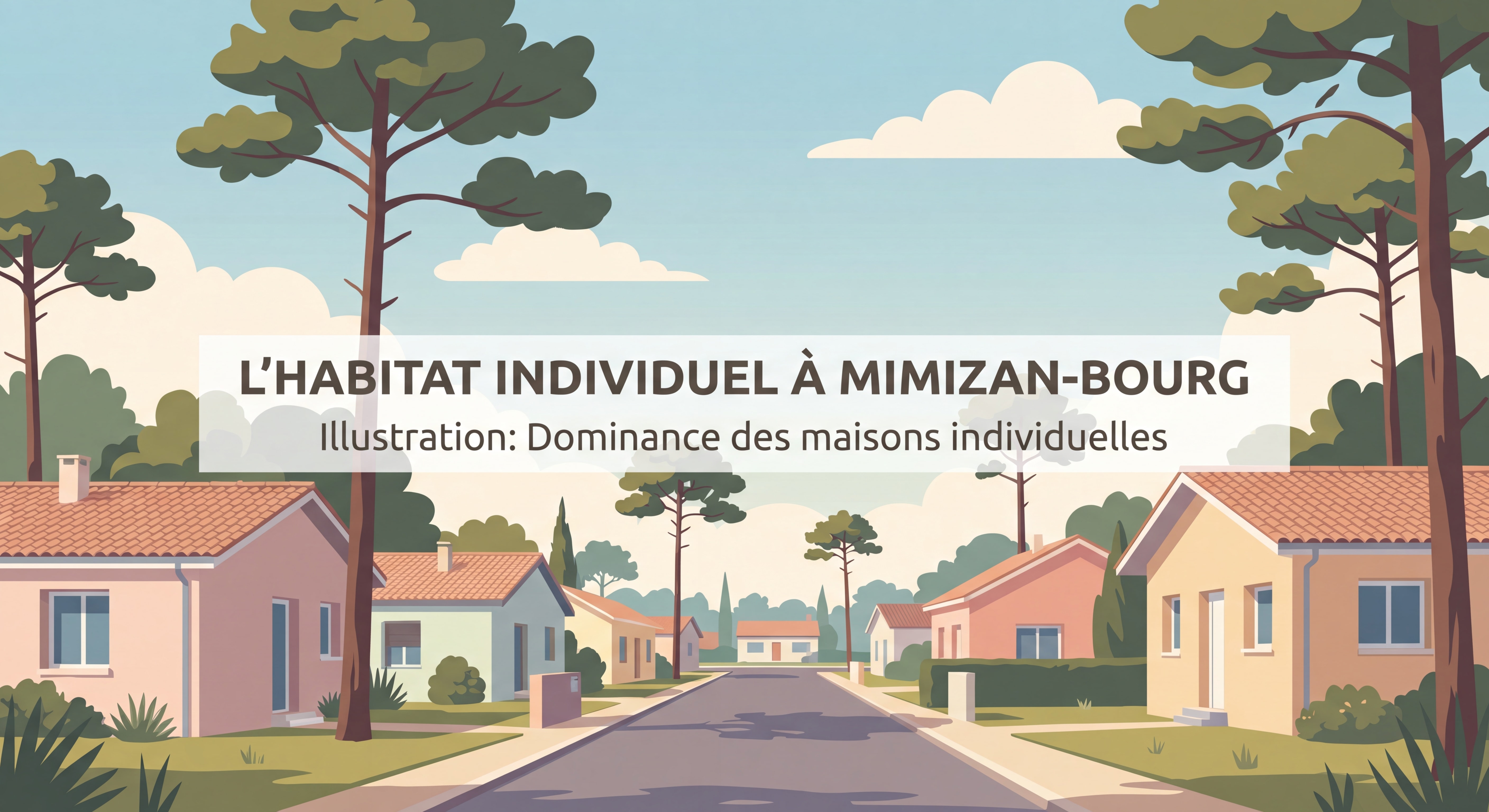 Quartier résidentiel pavillonnaire de Mimizan-Bourg avec maisons individuelles et pins landais, illustrant la dominance de la maison individuelle dans le parc immobilier local