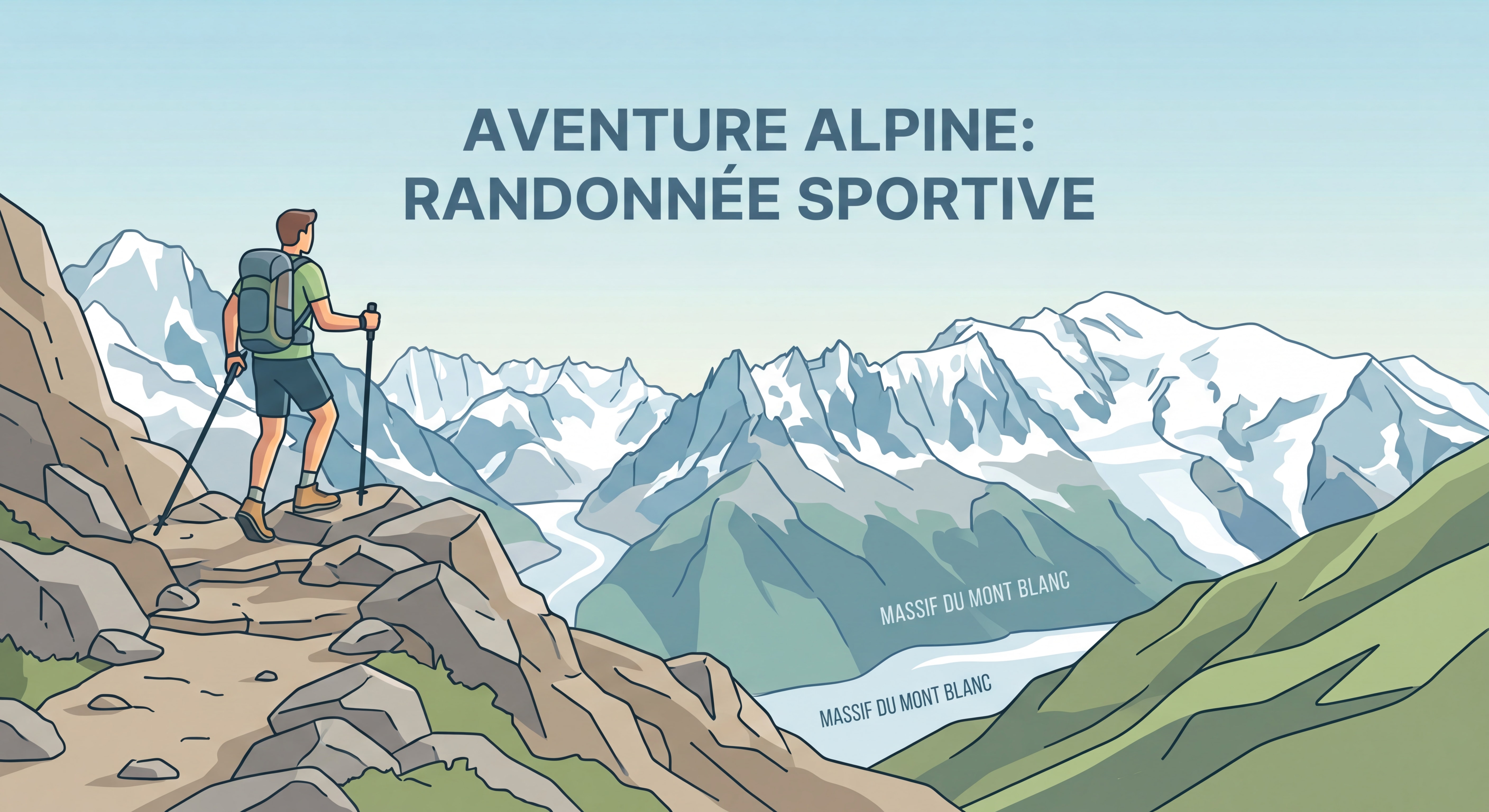 Randonneur sportif sur un sentier technique en altitude avec vue sur les glaciers du massif du Mont Blanc