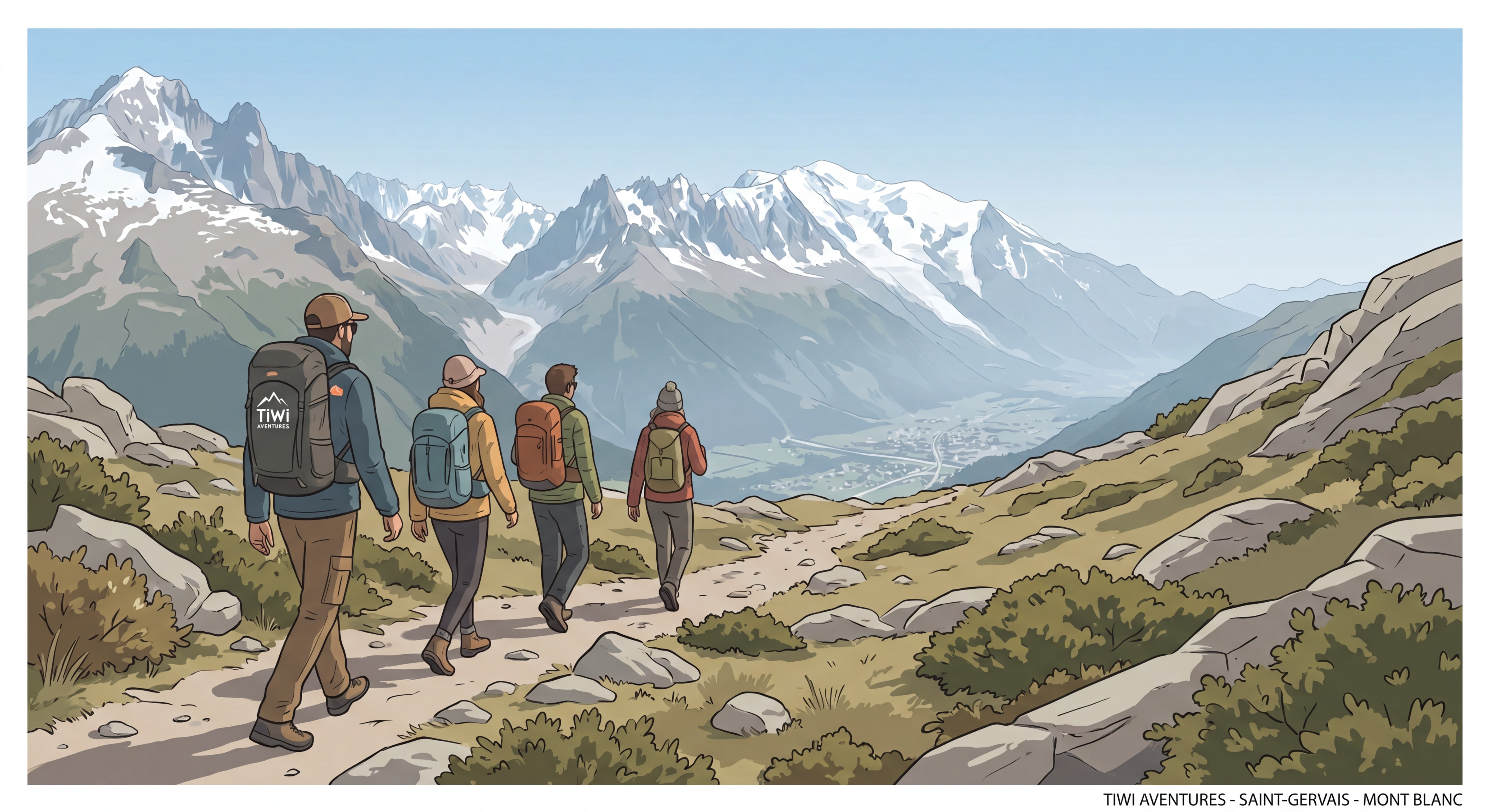 Petit groupe de randonneurs avec guide Tiwi Aventures sur un sentier d'altitude au-dessus de Saint-Gervais, Mont Blanc en arrière-plan