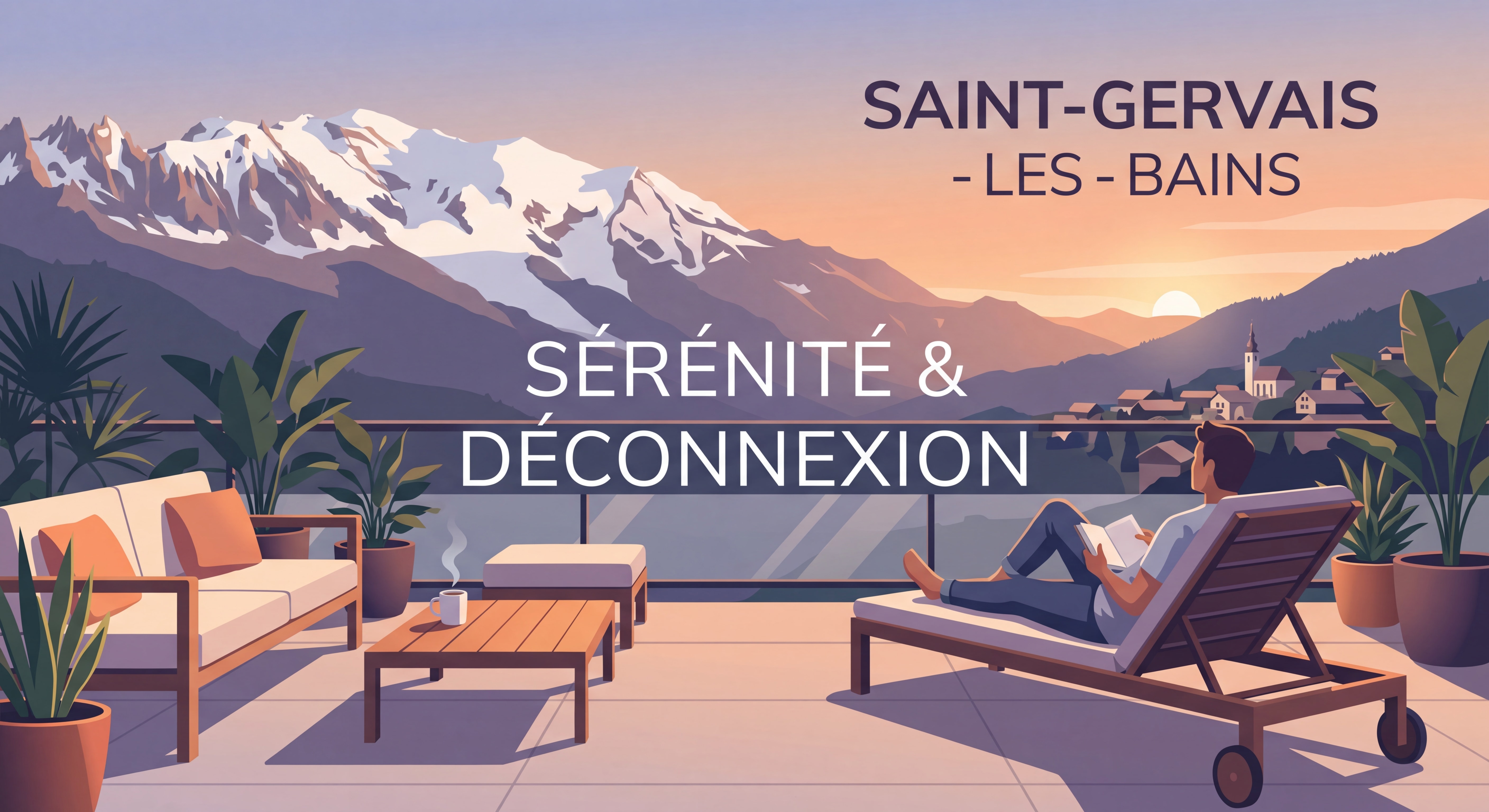 Vue depuis une terrasse de Saint-Gervais avec le Mont Blanc en fond au coucher du soleil, ambiance sérénité et déconnexion