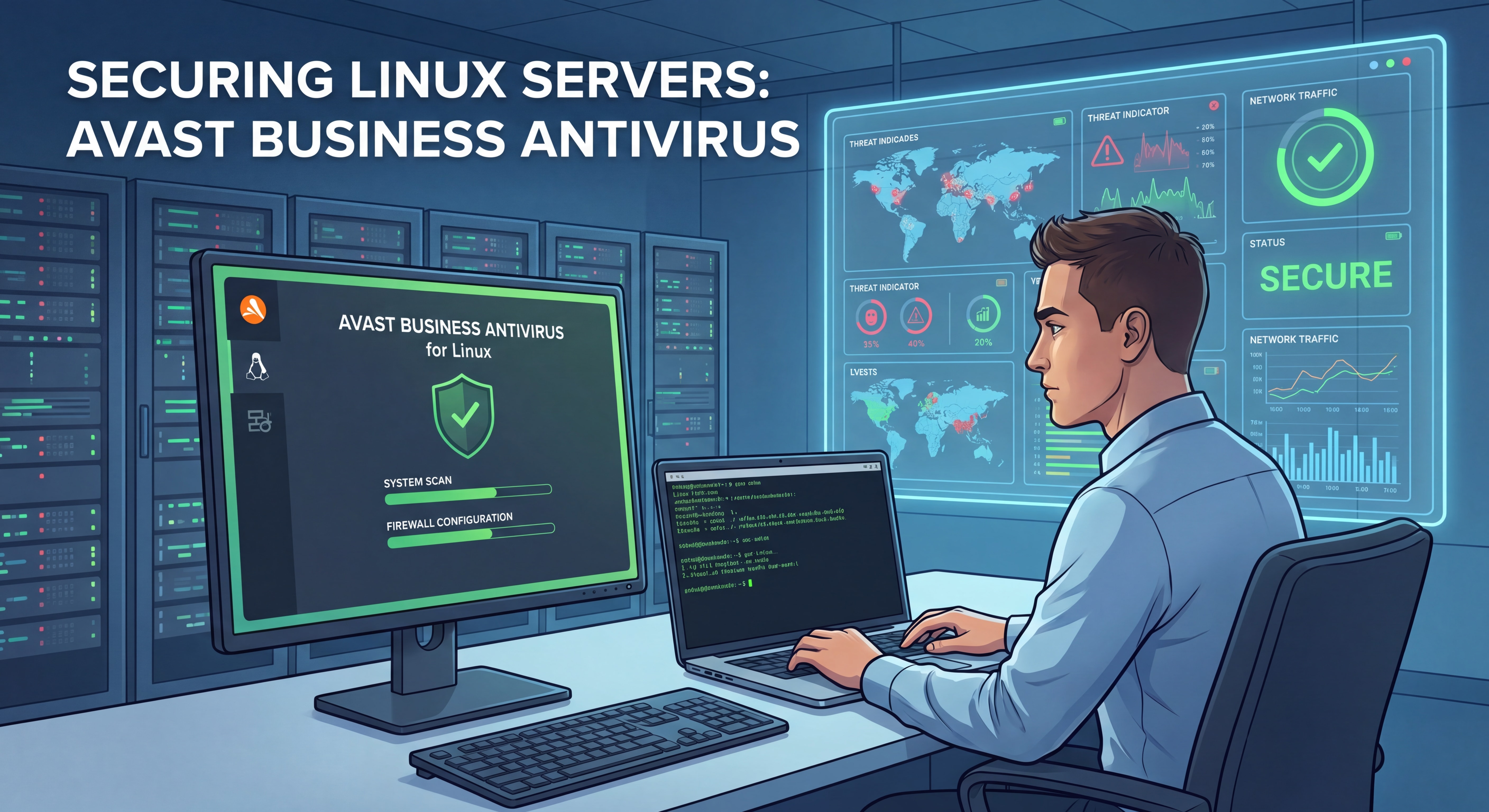 Administrateur système sécurisant un serveur Linux avec Avast Business Antivirus, tableau de bord de cybersécurité en arrière-plan