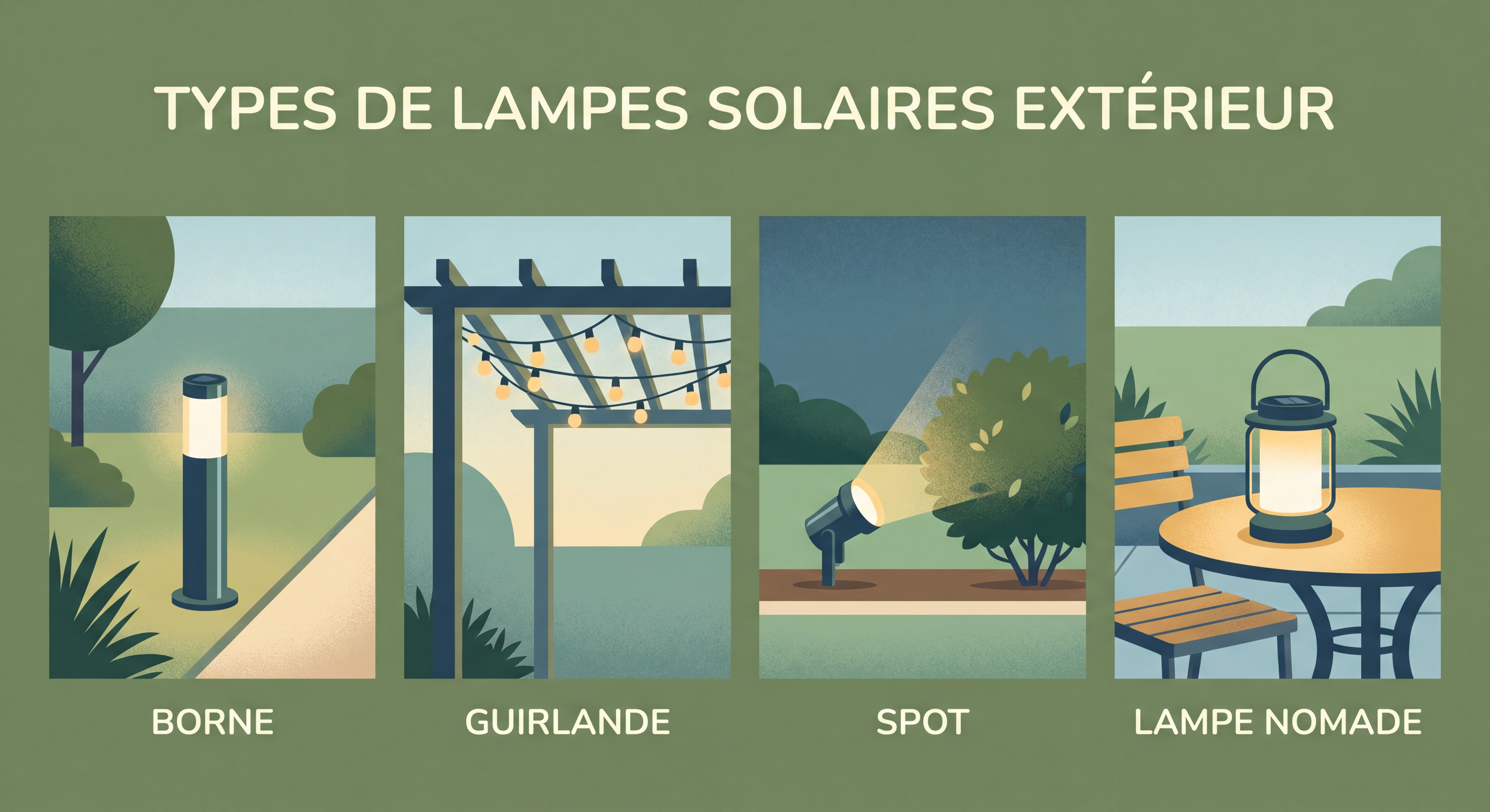 Types de lampes solaires extérieur - borne, guirlande, spot et lampe nomade pour jardin