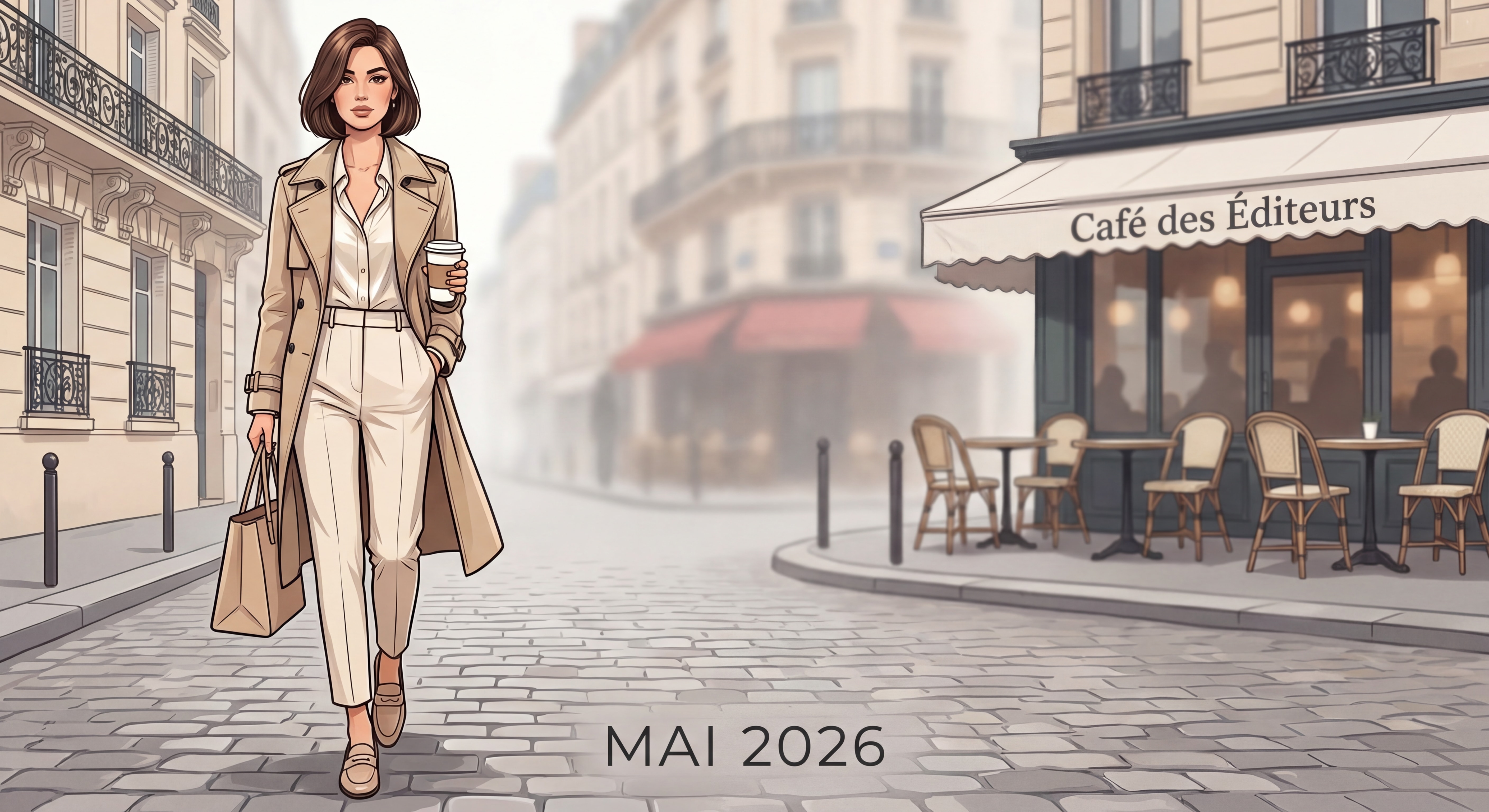 Femme urbaine élégante portant des mocassins femme beiges dans une rue parisienne, tenue bureau casual chic 2026