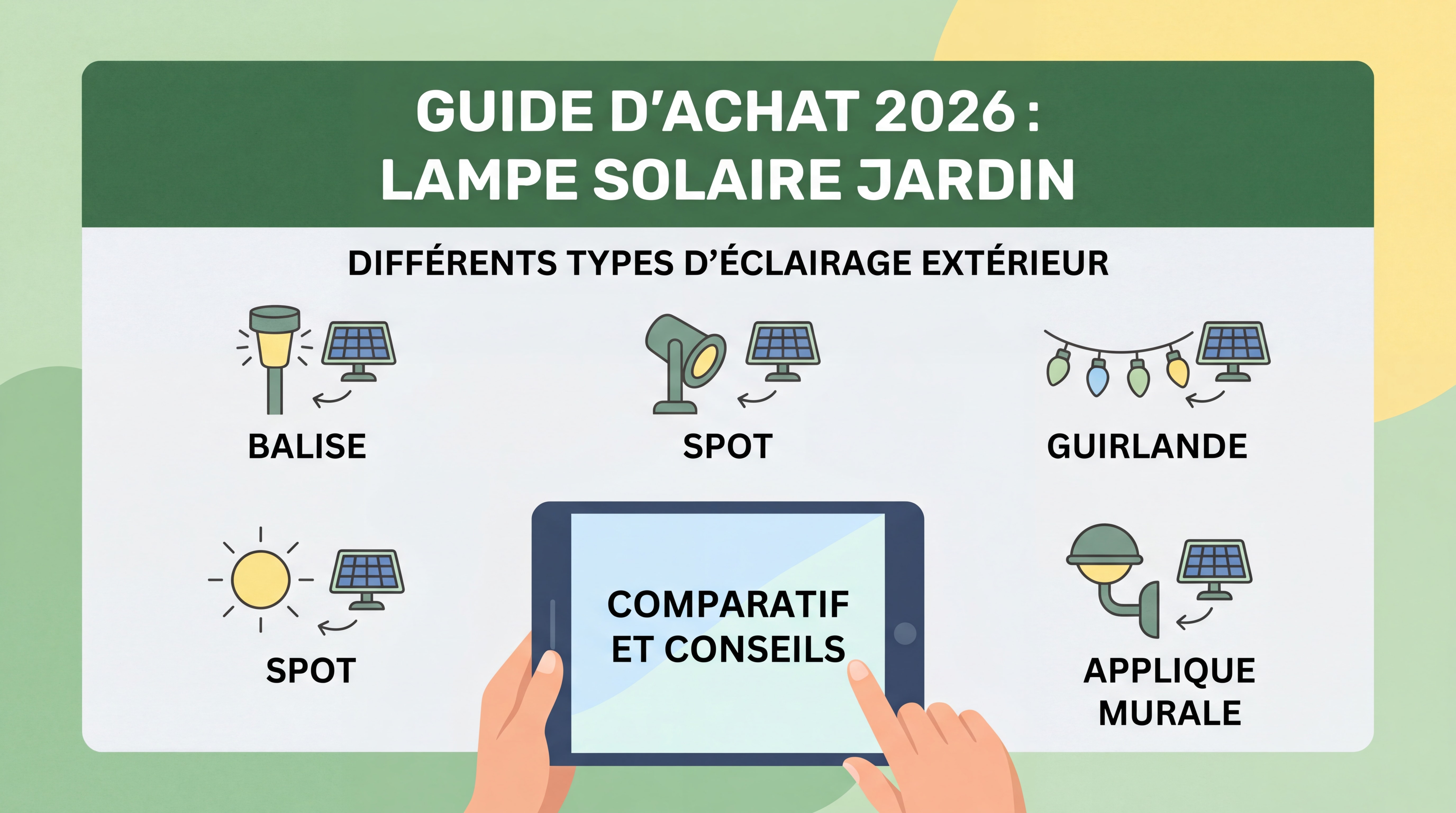 Guide d'achat lampe solaire jardin 2026 - différents types d'éclairage solaire extérieur