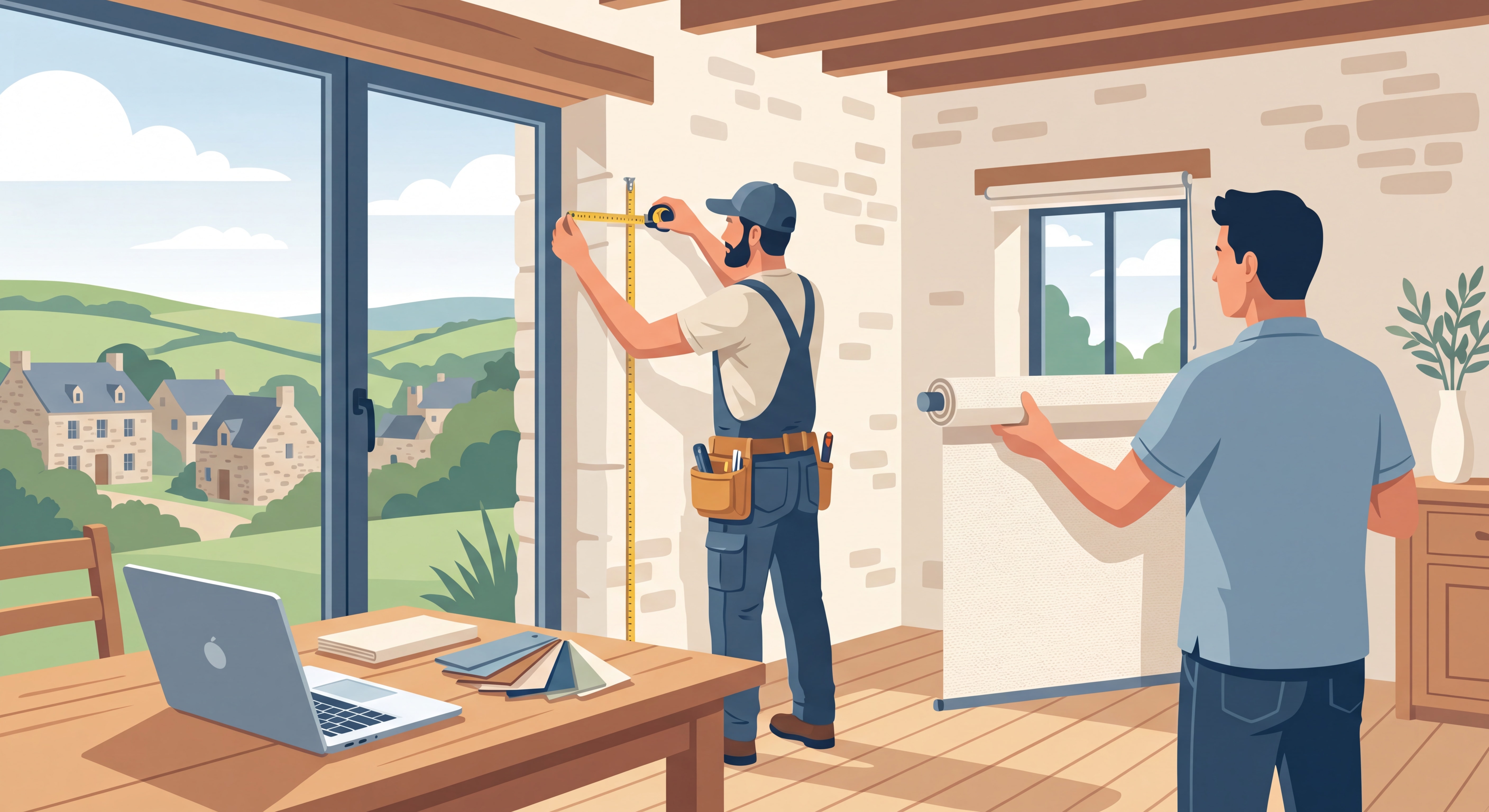 Artisan poseur de store en train de mesurer et installer un store enrouleur sur mesure dans une maison en Ille-et-Vilaine