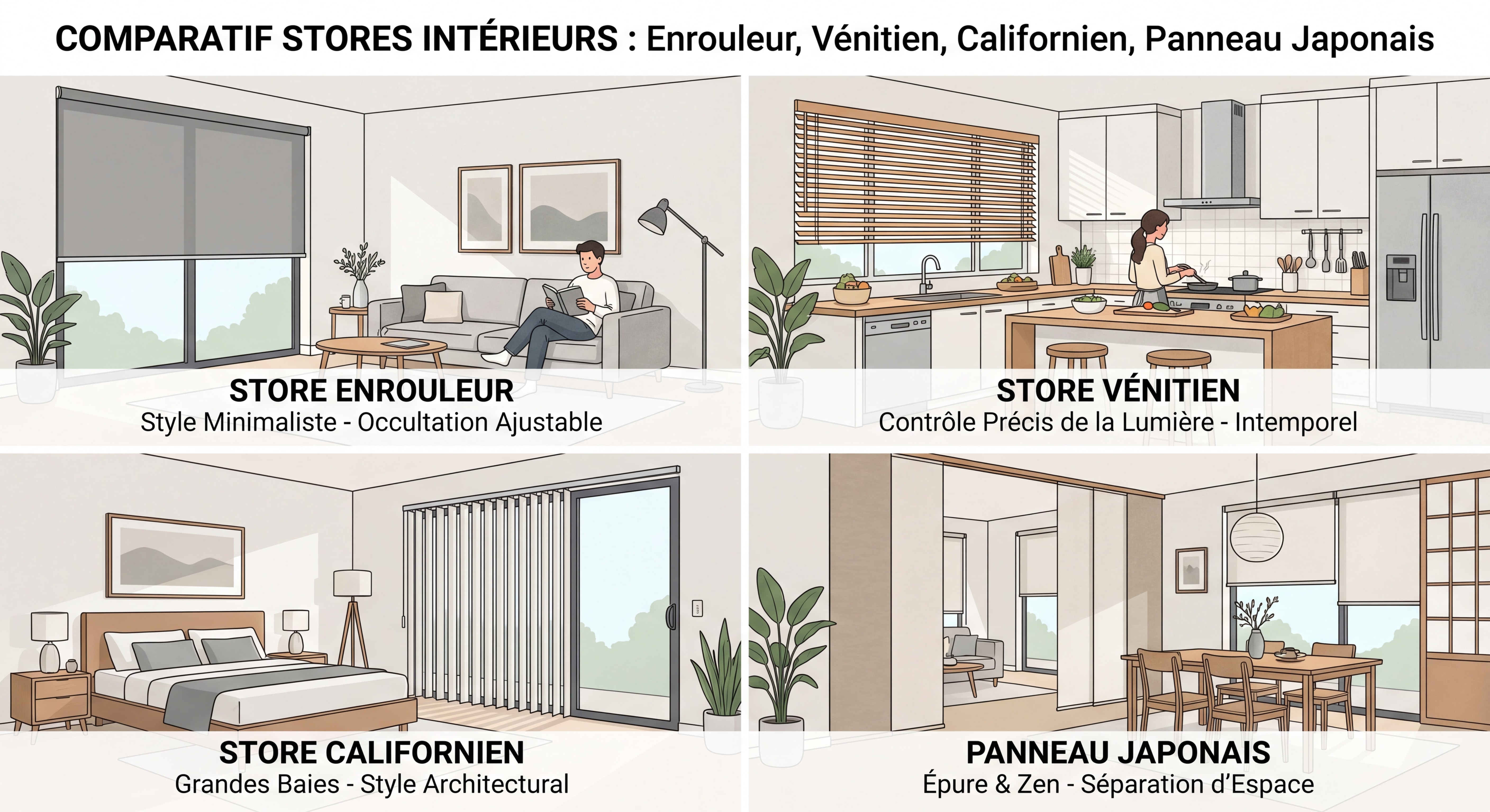 Comparaison de différents types de stores intérieurs - store enrouleur, store vénitien, store californien et panneau japonais dans des intérieurs variés