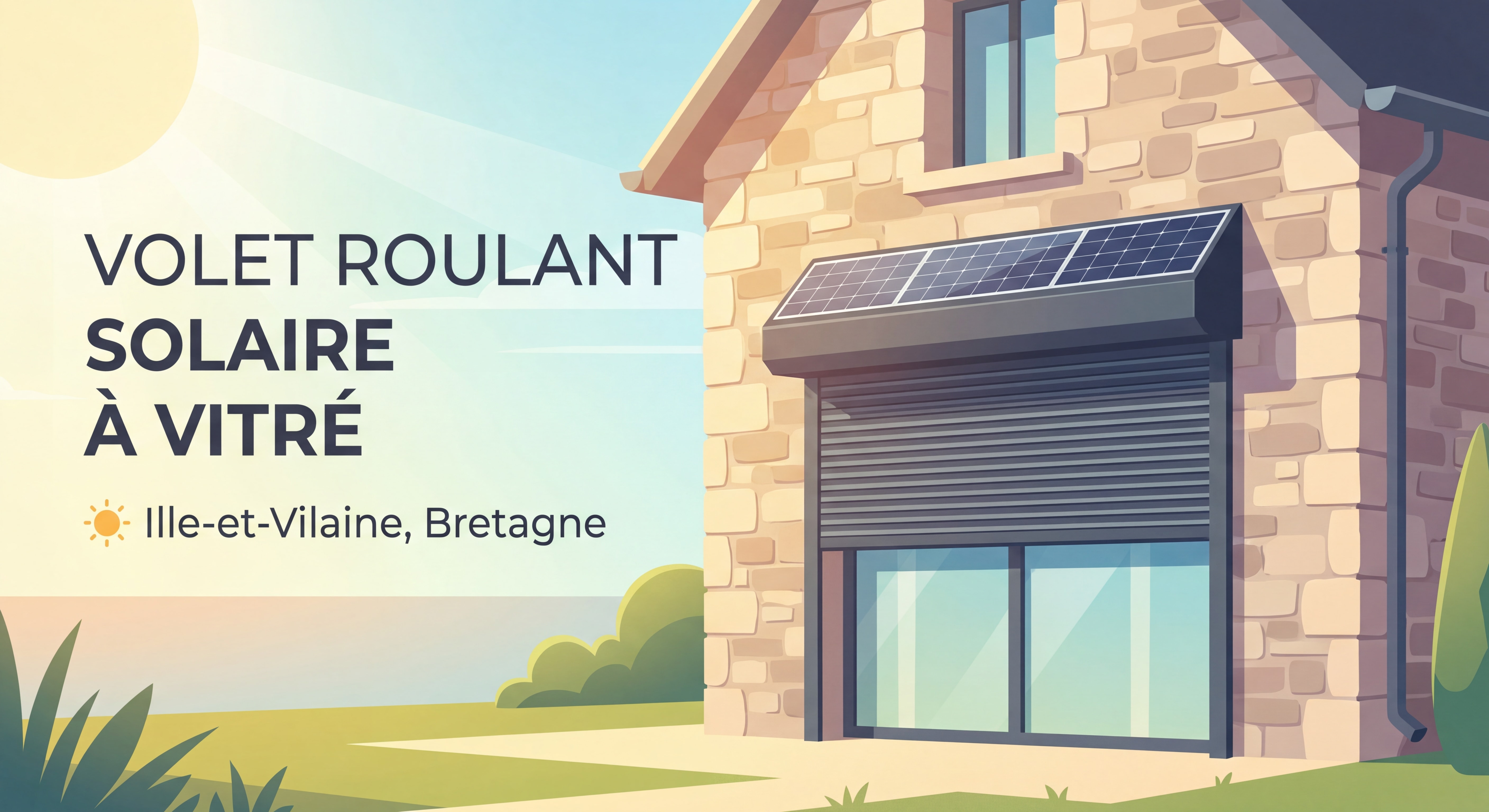 Volet roulant solaire installé sur une maison bretonne à Vitré, Ille-et-Vilaine, façade ensoleillée