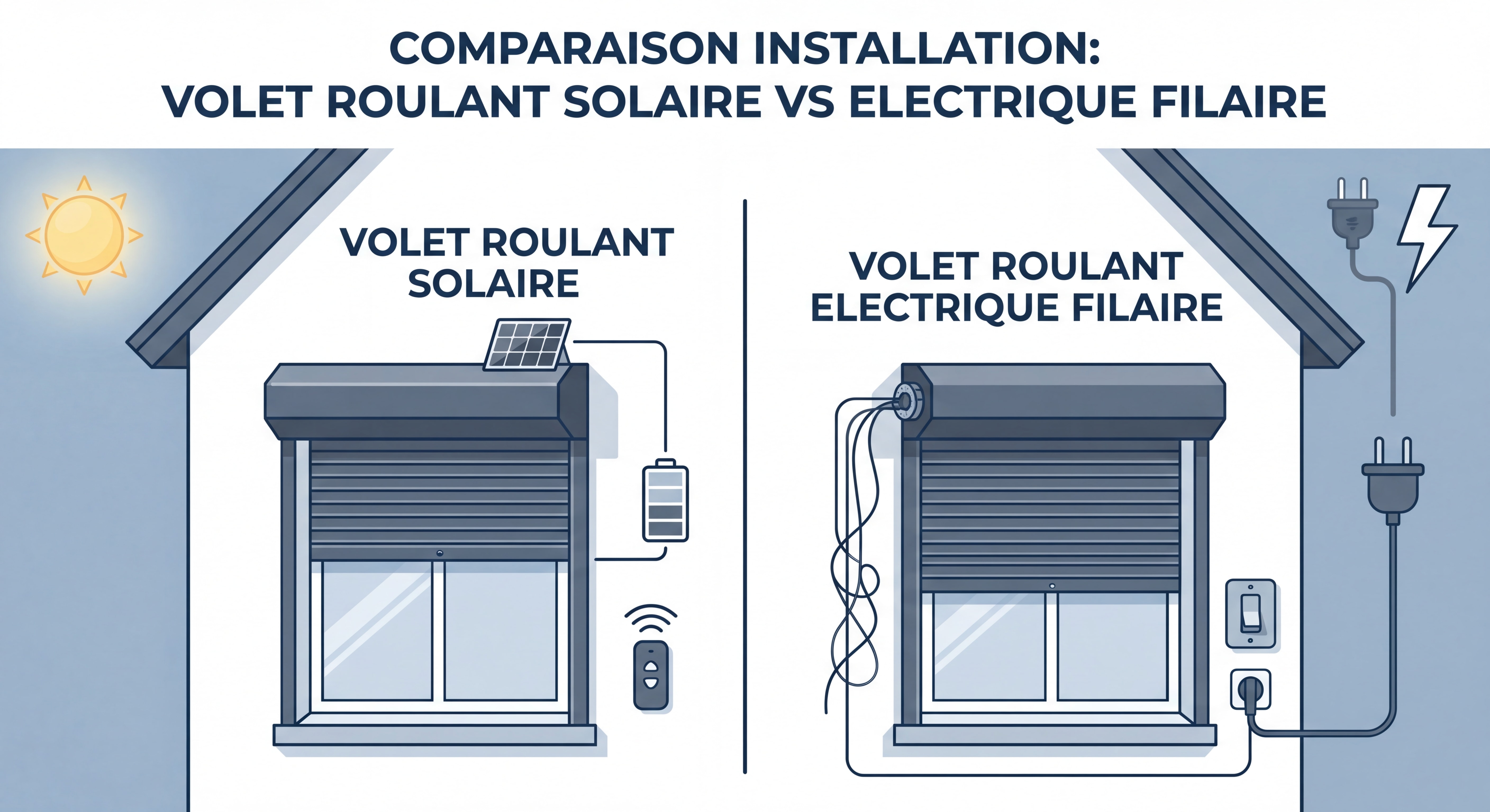 Comparaison installation volet roulant solaire versus volet roulant électrique filaire sur façade de maison