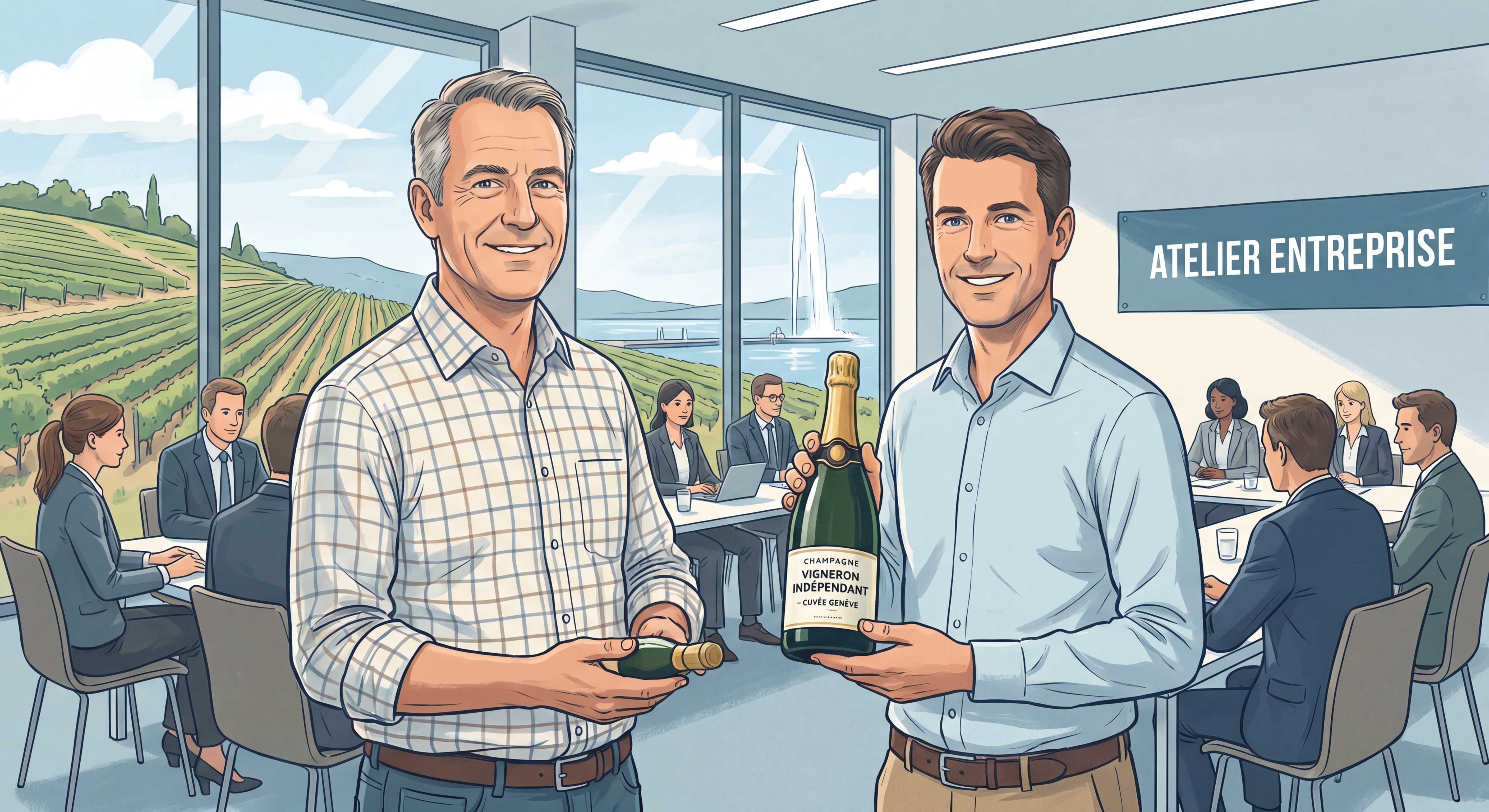 Vigneron indépendant présentant sa cuvée de champagne lors d'un atelier entreprise à Genève, bouteilles et vignes en arrière-plan