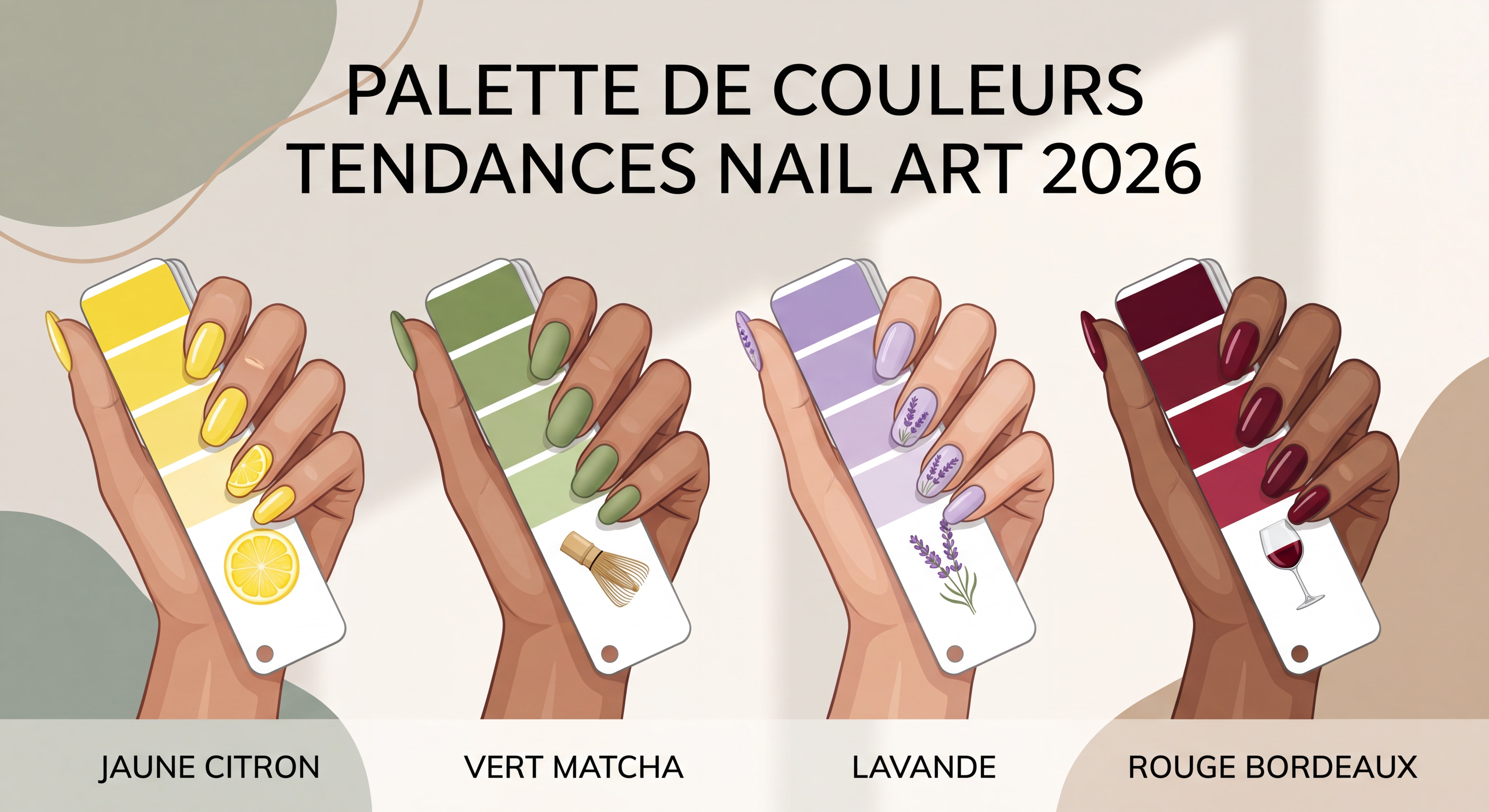 Palette de couleurs tendances nail art 2026 - jaune citron, vert matcha, lavande et rouge bordeaux sur ongles soignés