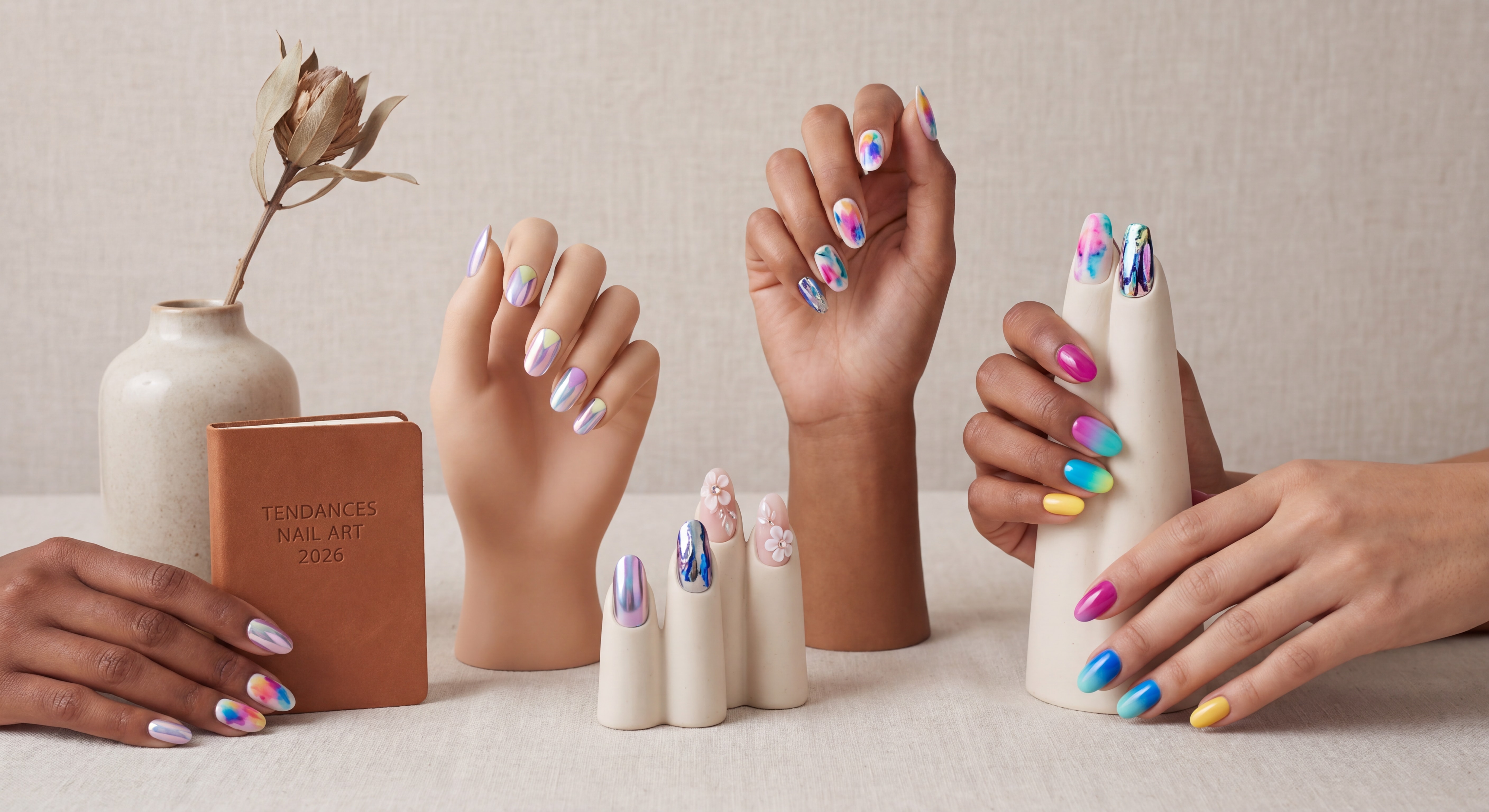 Tendances nail art 2026 - collection de manucures colorées et créatives sur fond neutre élégant